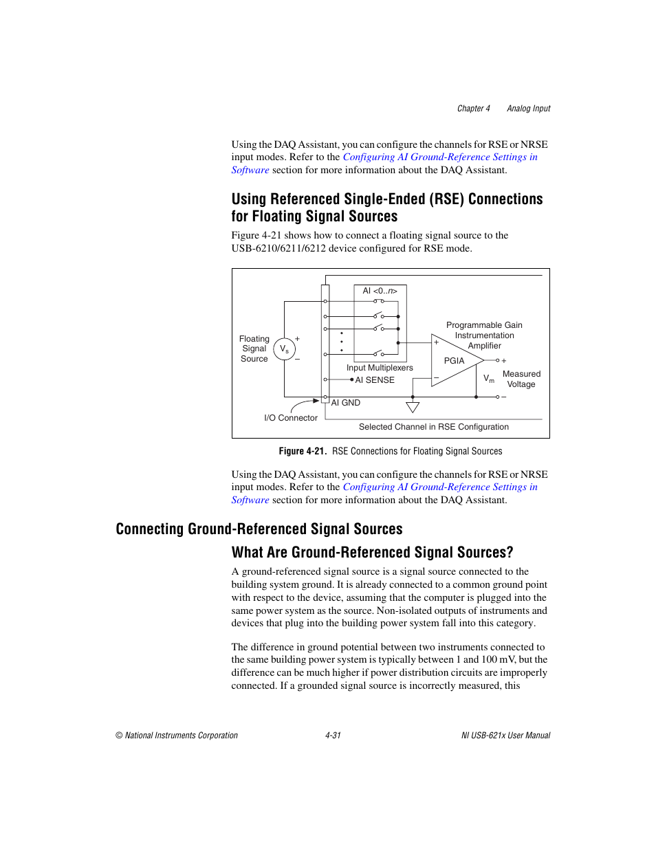 Connecting ground-referenced signal sources, What are ground-referenced signal sources, Floating signal sources -31 | Connecting ground-referenced signal sources -31, What are ground-referenced signal sources? -31, Secti, Floating signal sources | National Instruments Data Acquisition Device NI USB-621x User Manual | Page 64 / 185