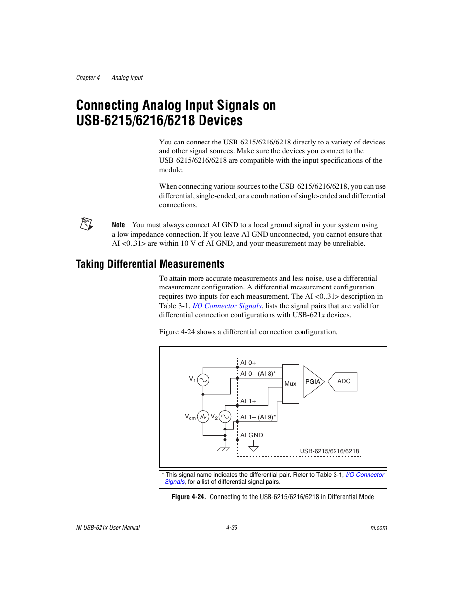 Taking differential measurements, Taking differential measurements -36, Connecting analog input signals on | Usb-6215/6216/6218 devices | National Instruments Data Acquisition Device NI USB-621x User Manual | Page 69 / 185