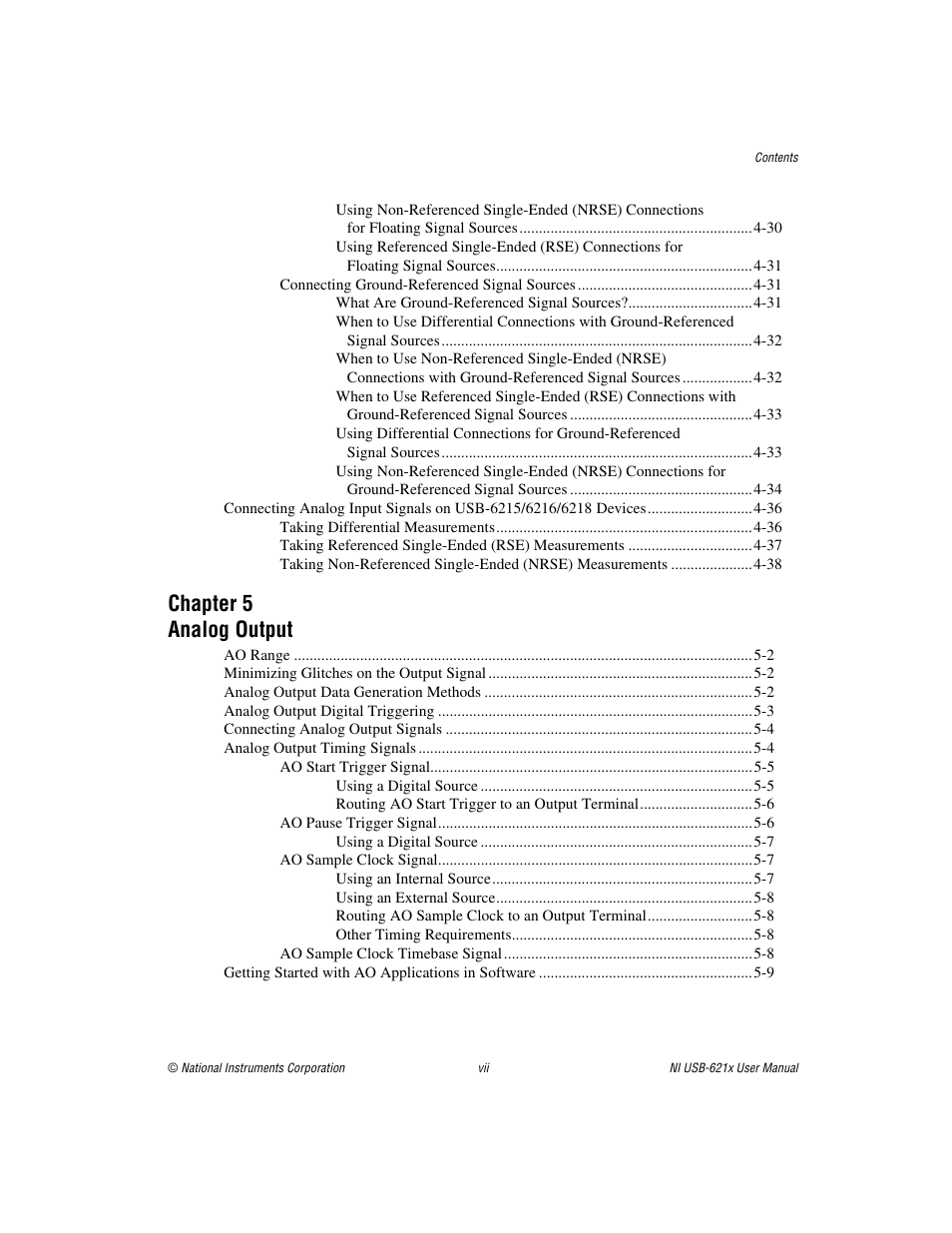 Chapter 5 analog output | National Instruments Data Acquisition Device NI USB-621x User Manual | Page 7 / 185