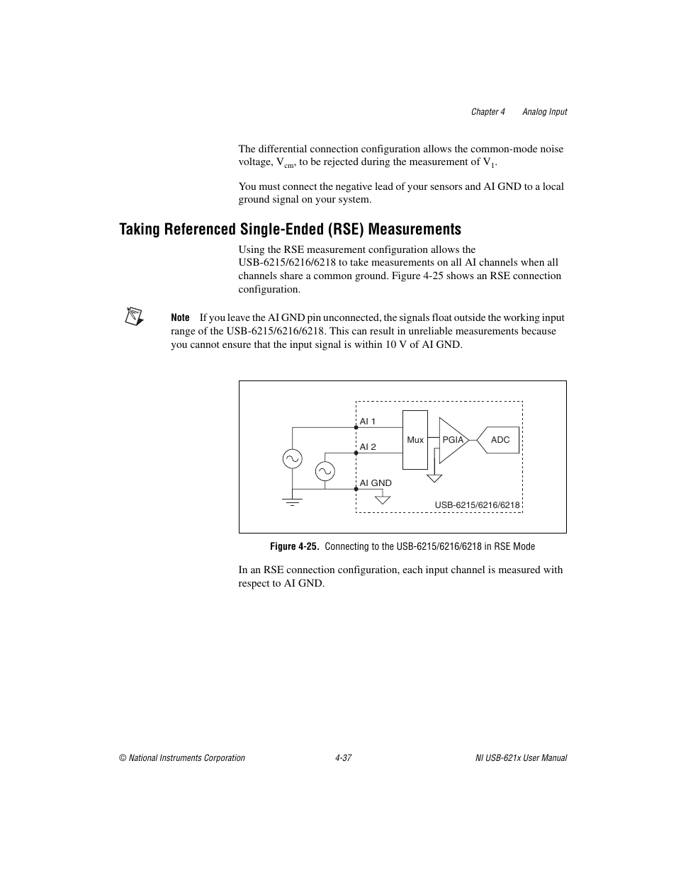 Taking referenced single-ended (rse) measurements | National Instruments Data Acquisition Device NI USB-621x User Manual | Page 70 / 185