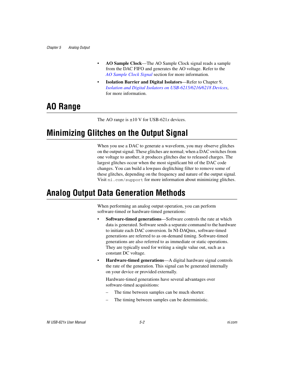 Ao range, Minimizing glitches on the output signal, Analog output data generation methods | National Instruments Data Acquisition Device NI USB-621x User Manual | Page 73 / 185