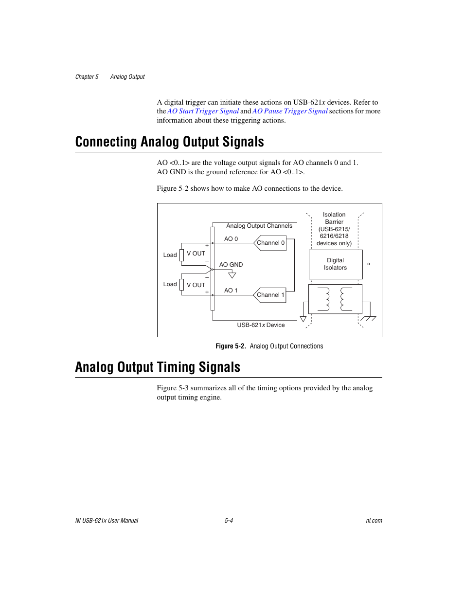 Connecting analog output signals, Figure 5-2. analog output connections, Analog output timing signals | National Instruments Data Acquisition Device NI USB-621x User Manual | Page 75 / 185