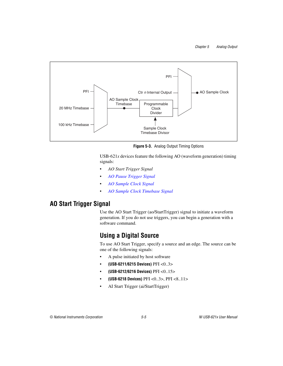 Figure 5-3. analog output timing options, Ao start trigger signal, Using a digital source | Ao start trigger signal -5, Using a digital source -5, Re 5-3 s | National Instruments Data Acquisition Device NI USB-621x User Manual | Page 76 / 185