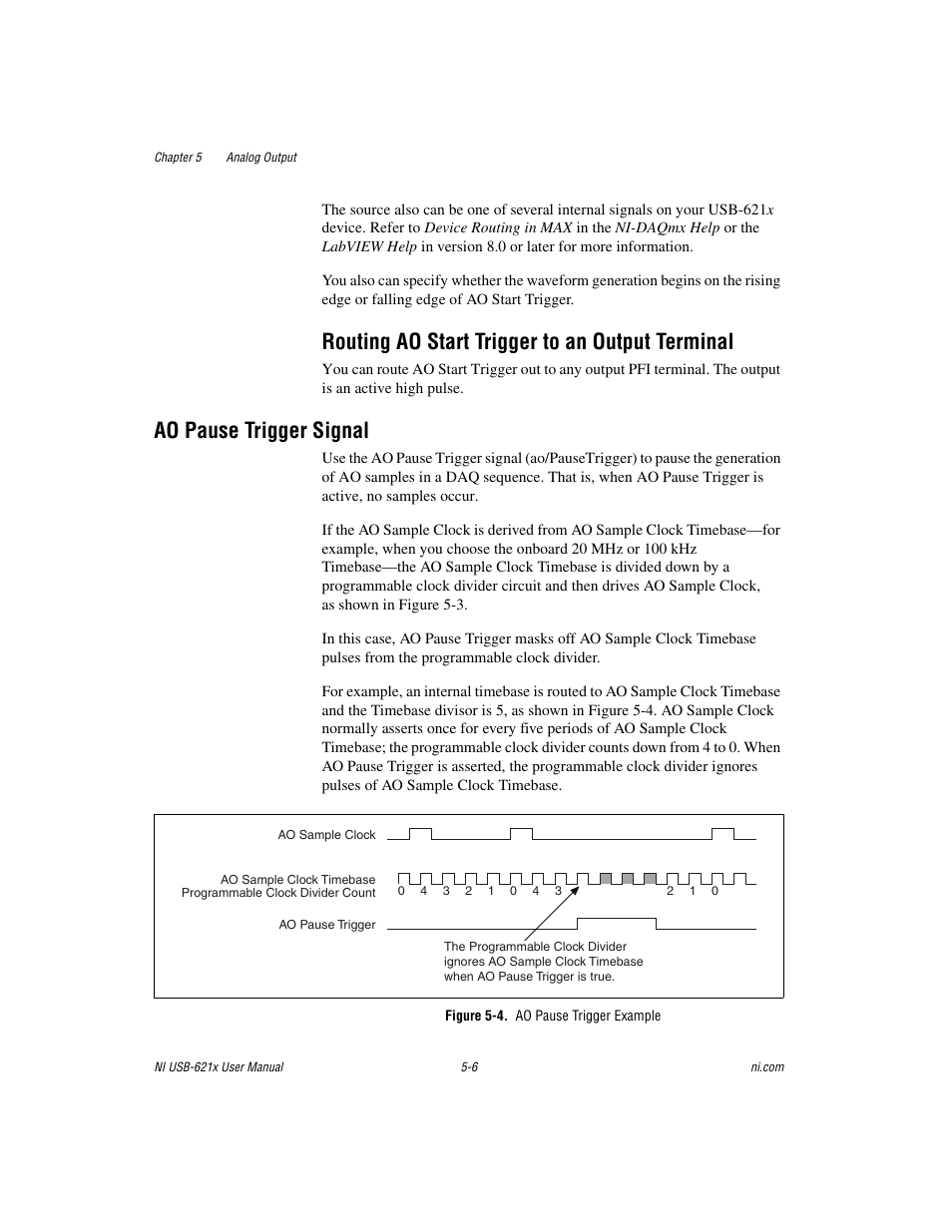 Routing ao start trigger to an output terminal, Ao pause trigger signal, Figure 5-4. ao pause trigger example | Routing ao start trigger to an output terminal -6, Ao pause trigger signal -6 | National Instruments Data Acquisition Device NI USB-621x User Manual | Page 77 / 185