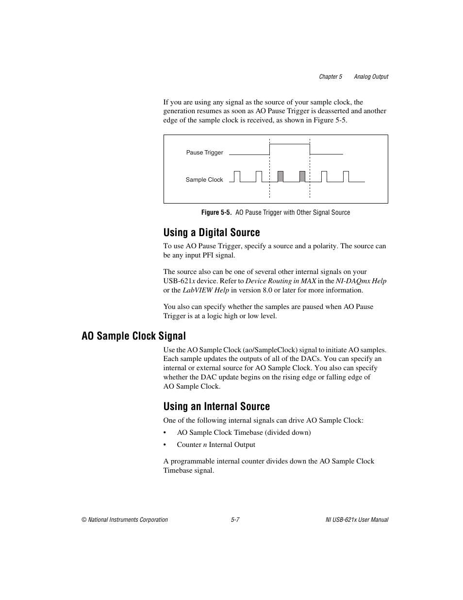 Using a digital source, Ao sample clock signal, Using an internal source | Using a digital source -7, Ao sample clock signal -7, Using an internal source -7 | National Instruments Data Acquisition Device NI USB-621x User Manual | Page 78 / 185