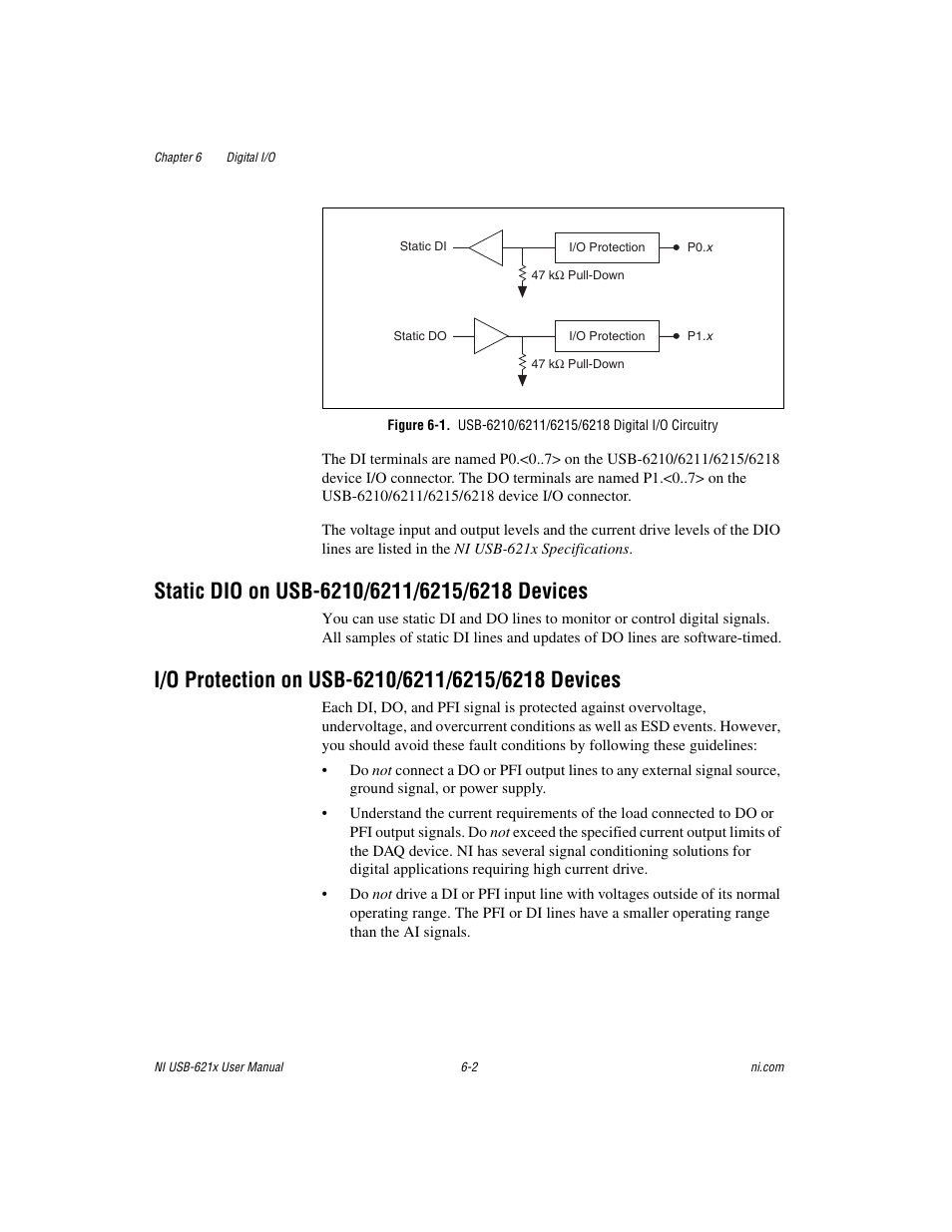 Static dio on usb-6210/6211/6215/6218 devices, I/o protection on usb-6210/6211/6215/6218 devices, Re 6-1 sh | National Instruments Data Acquisition Device NI USB-621x User Manual | Page 82 / 185
