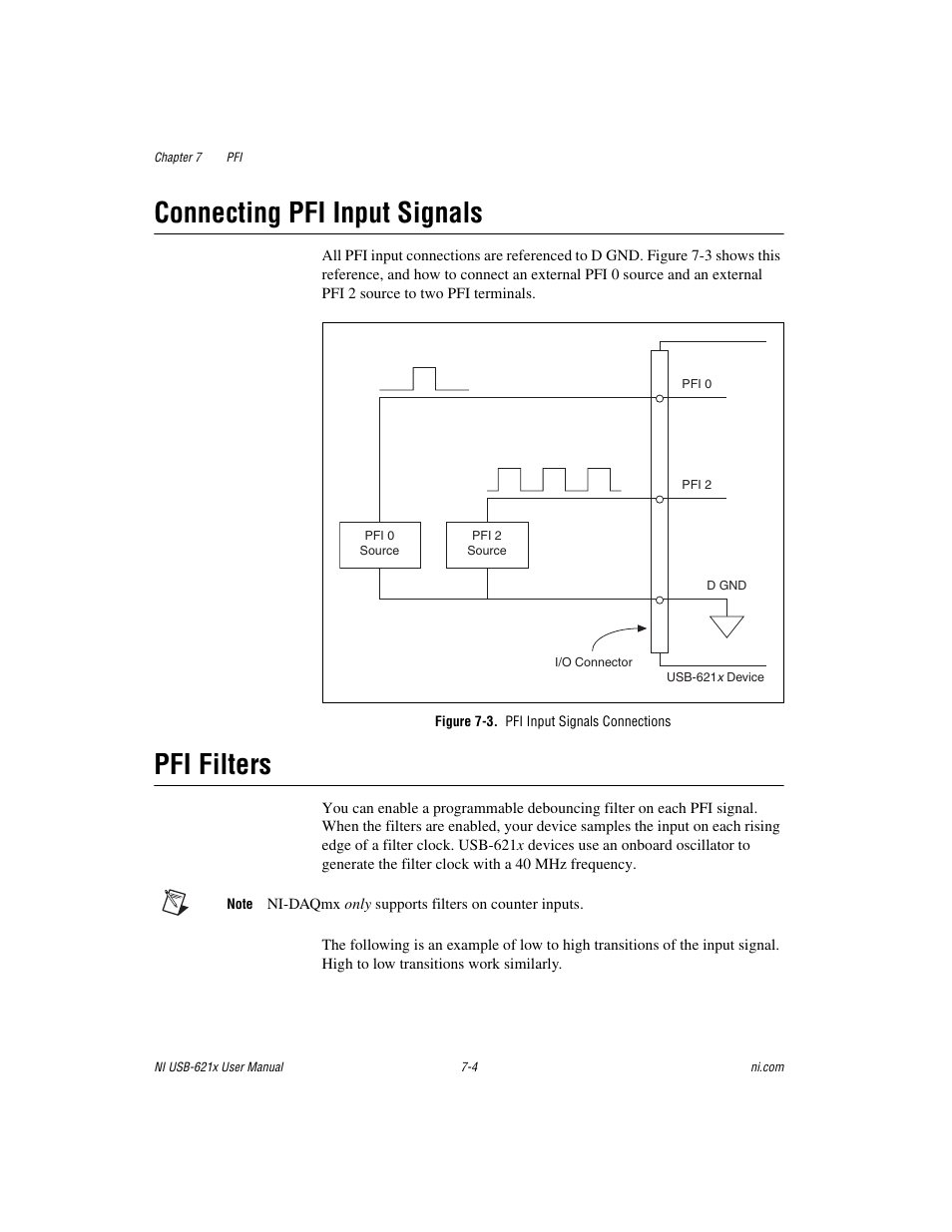 Connecting pfi input signals, Figure 7-3. pfi input signals connections, Pfi filters | Connecting pfi input signals -4 pfi filters -4 | National Instruments Data Acquisition Device NI USB-621x User Manual | Page 91 / 185