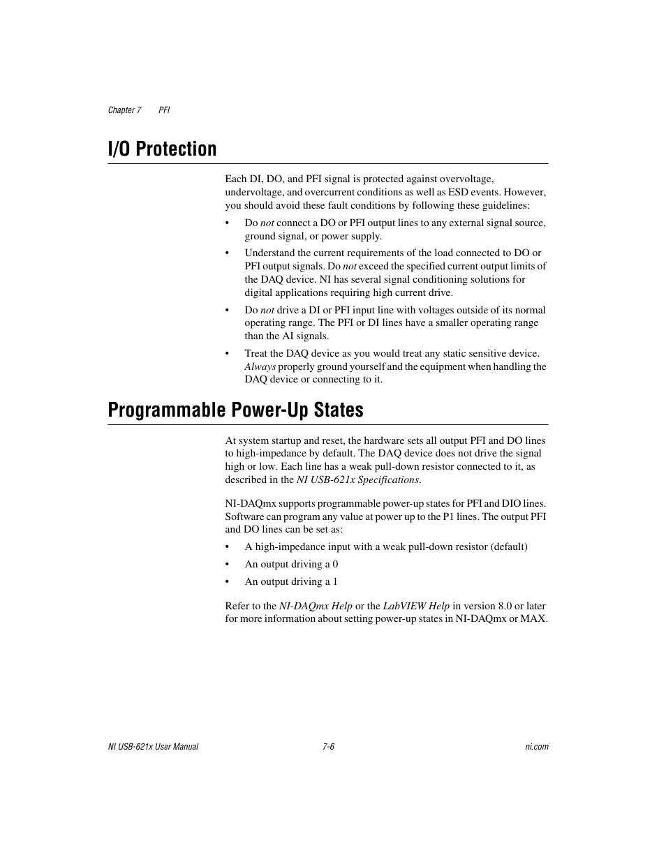 I/o protection, Programmable power-up states, I/o protection -6 programmable power-up states -6 | National Instruments Data Acquisition Device NI USB-621x User Manual | Page 93 / 185