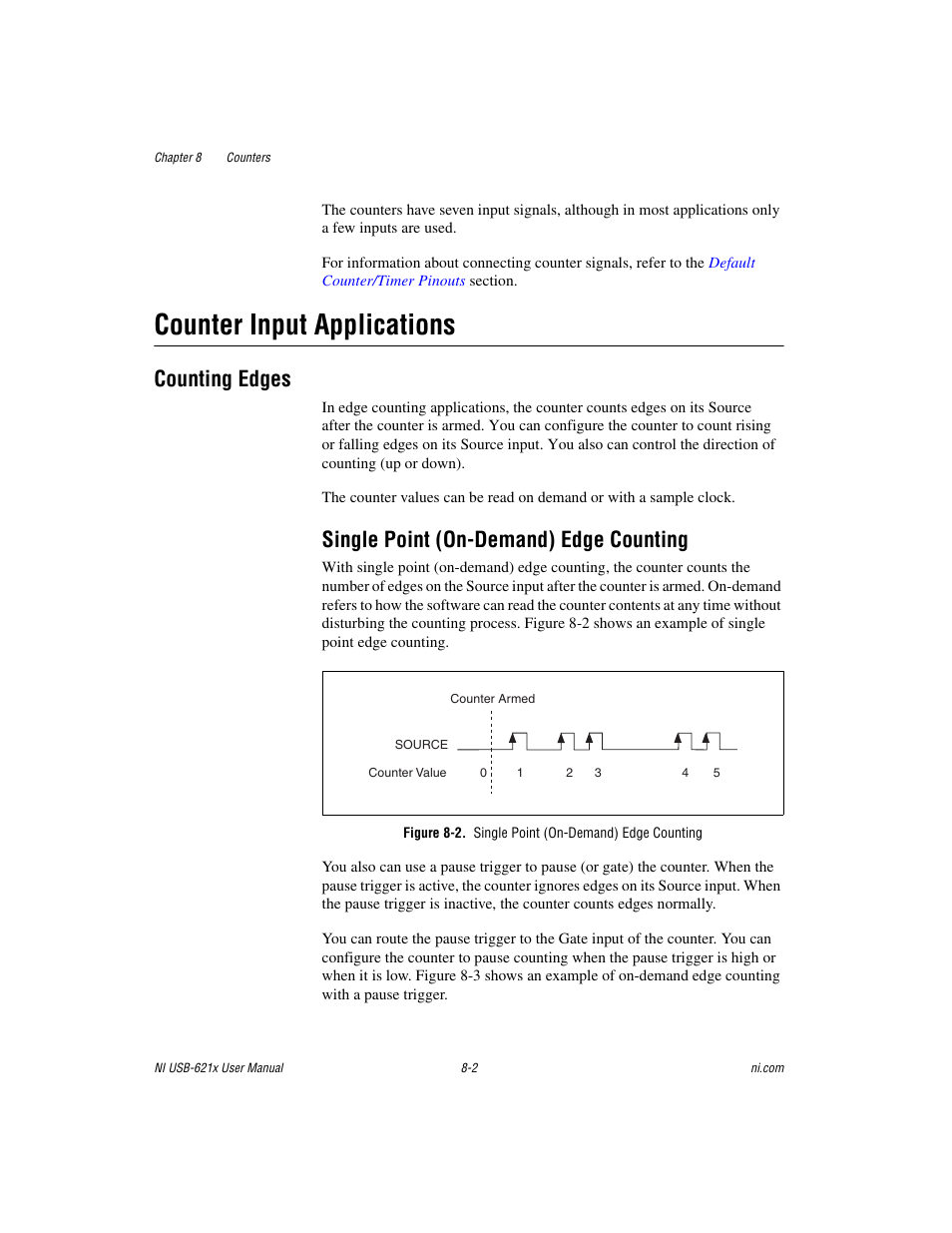 Counter input applications, Counting edges, Single point (on-demand) edge counting | Figure 8-2. single point (on-demand) edge counting, Counter input applications -2, Counting edges -2, Single point (on-demand) edge counting -2 | National Instruments Data Acquisition Device NI USB-621x User Manual | Page 95 / 185