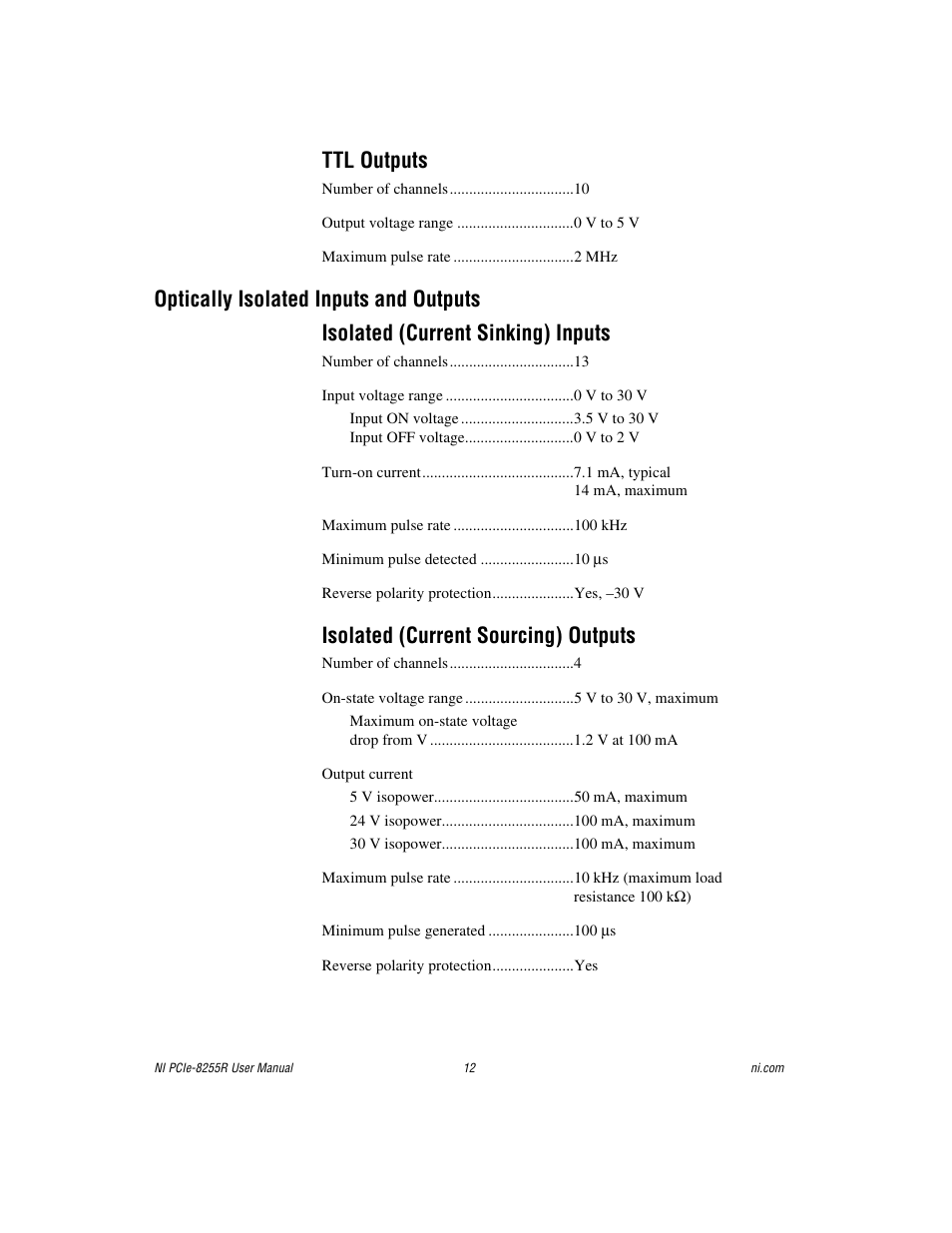 Ttl outputs, Optically isolated inputs and outputs, Isolated (current sinking) inputs | Isolated (current sourcing) outputs | National Instruments NI PCIe-8255R User Manual | Page 12 / 16