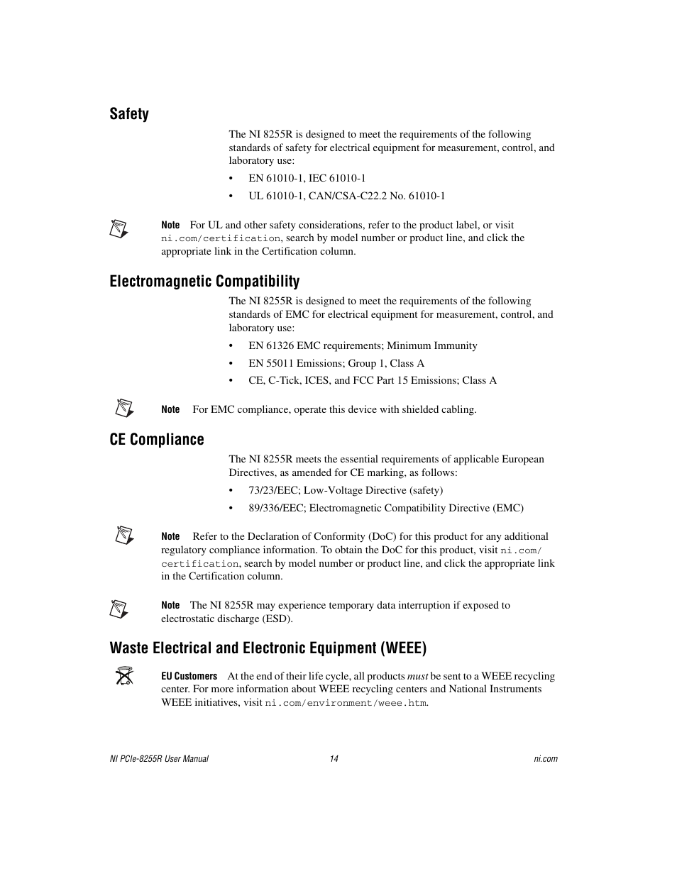 Safety, Electromagnetic compatibility, Ce compliance | Waste electrical and electronic equipment (weee) | National Instruments NI PCIe-8255R User Manual | Page 14 / 16
