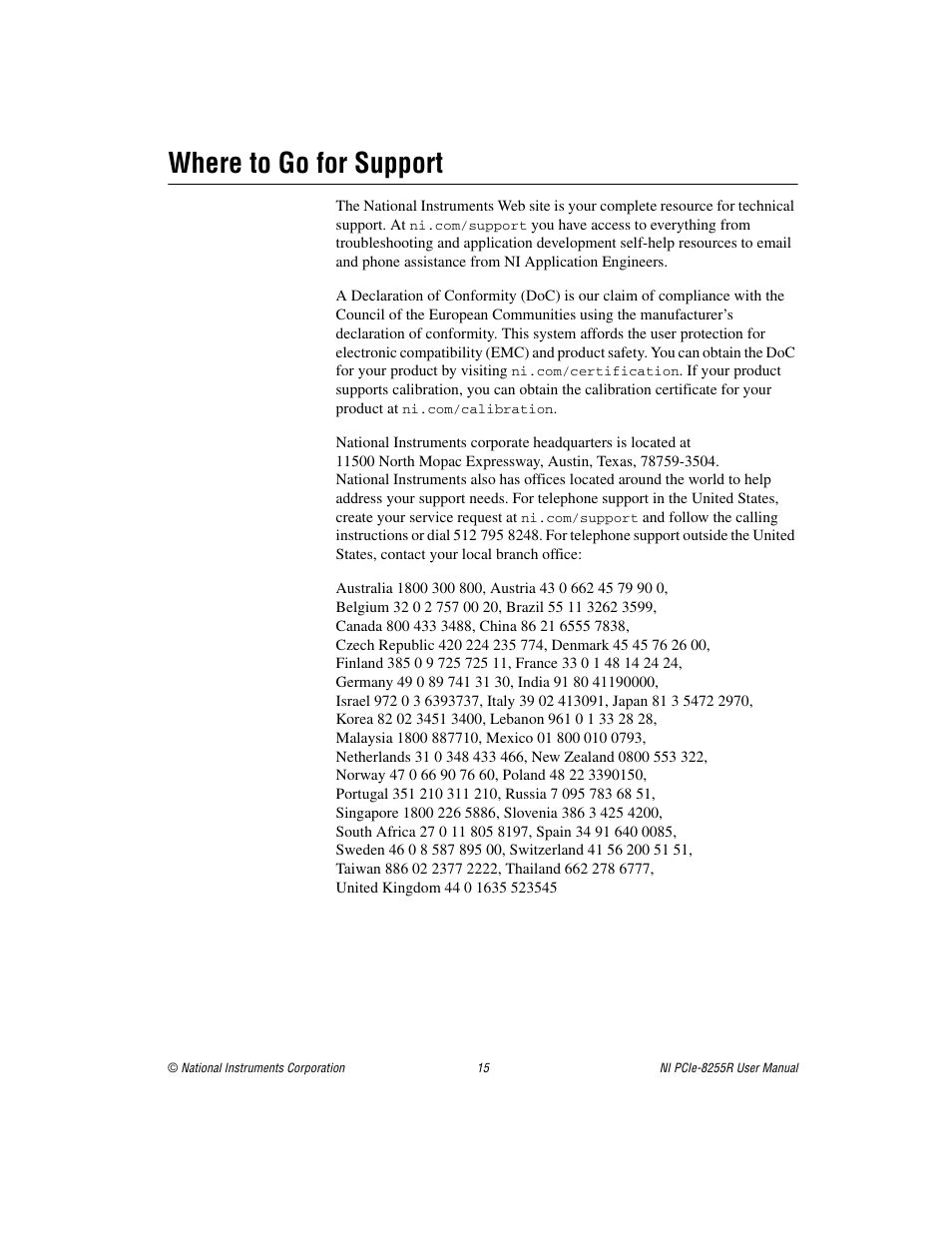 Where to go for support | National Instruments NI PCIe-8255R User Manual | Page 15 / 16