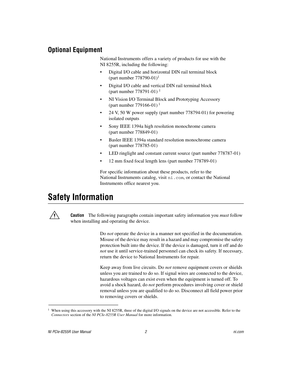 Optional equipment, Safety information | National Instruments NI PCIe-8255R User Manual | Page 2 / 16