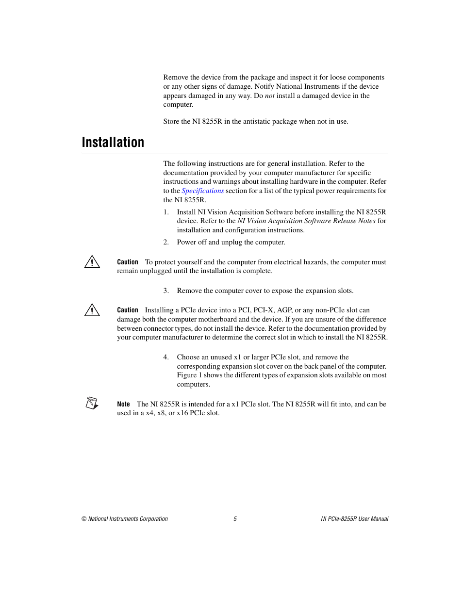 Installation | National Instruments NI PCIe-8255R User Manual | Page 5 / 16