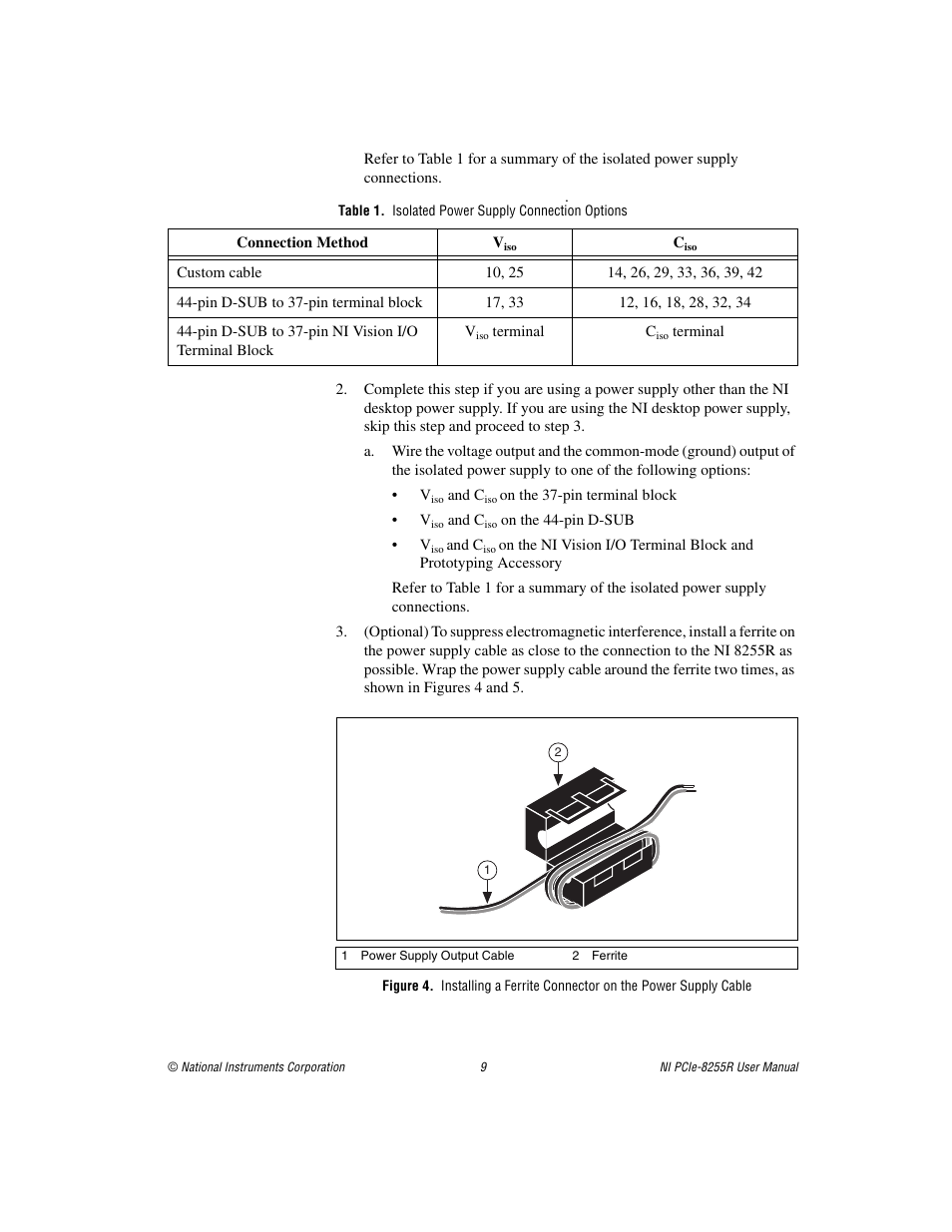 Table 1. isolated power supply connection options | National Instruments NI PCIe-8255R User Manual | Page 9 / 16