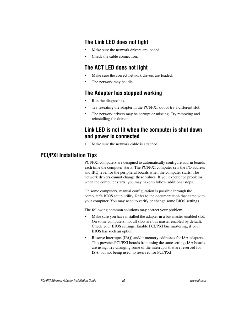 The link led does not light, The act led does not light, The adapter has stopped working | Pci/pxi installation tips | National Instruments NI-488TM User Manual | Page 10 / 12