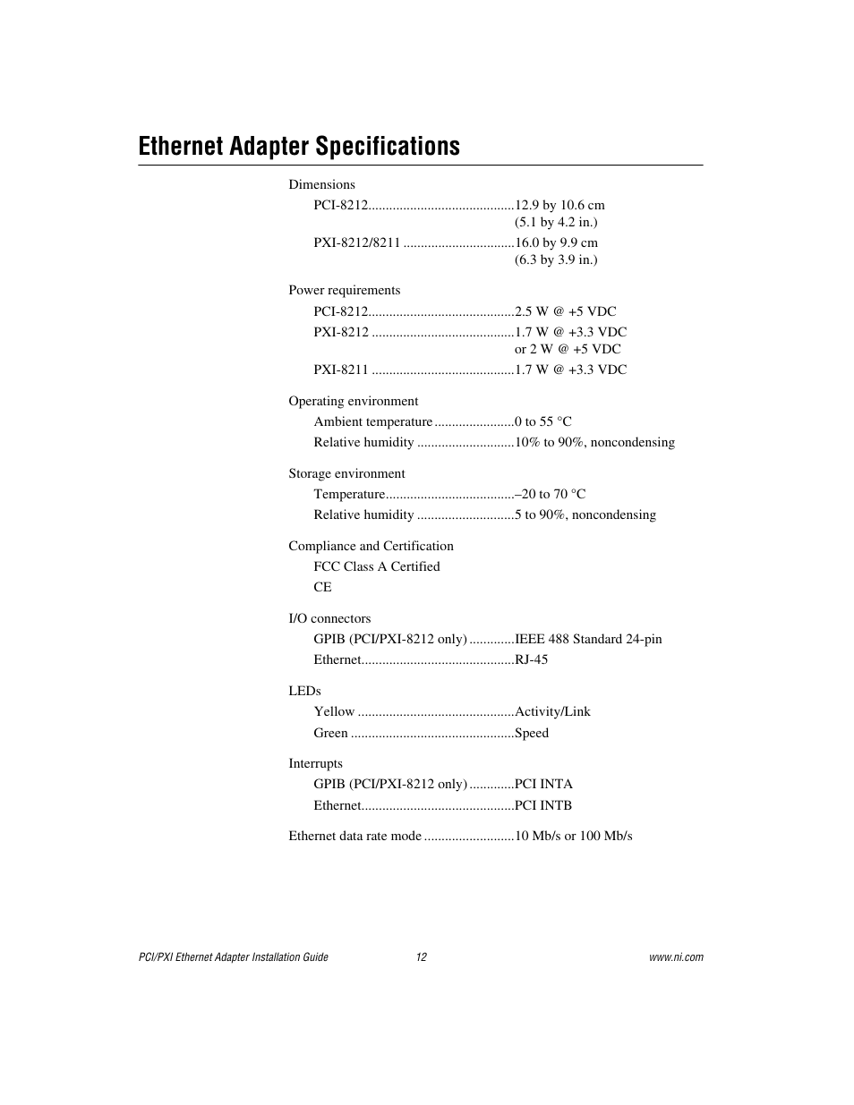 Ethernet adapter specifications | National Instruments NI-488TM User Manual | Page 12 / 12