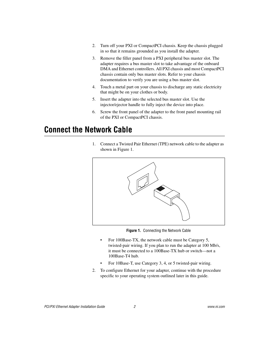 Connect the network cable, Figure 1. connecting the network cable | National Instruments NI-488TM User Manual | Page 2 / 12