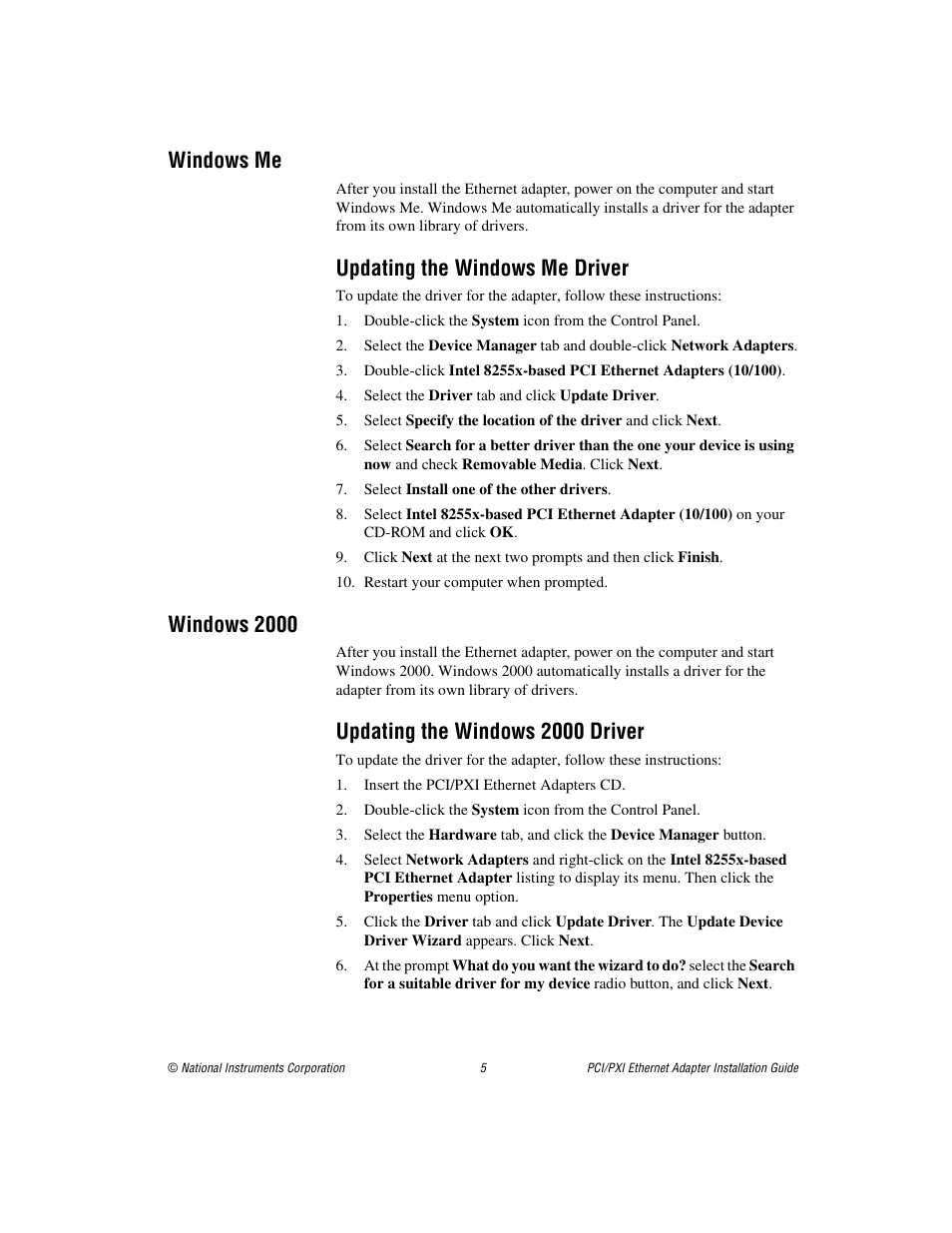 Windows me, Updating the windows me driver, Windows 2000 | Updating the windows 2000 driver | National Instruments NI-488TM User Manual | Page 5 / 12