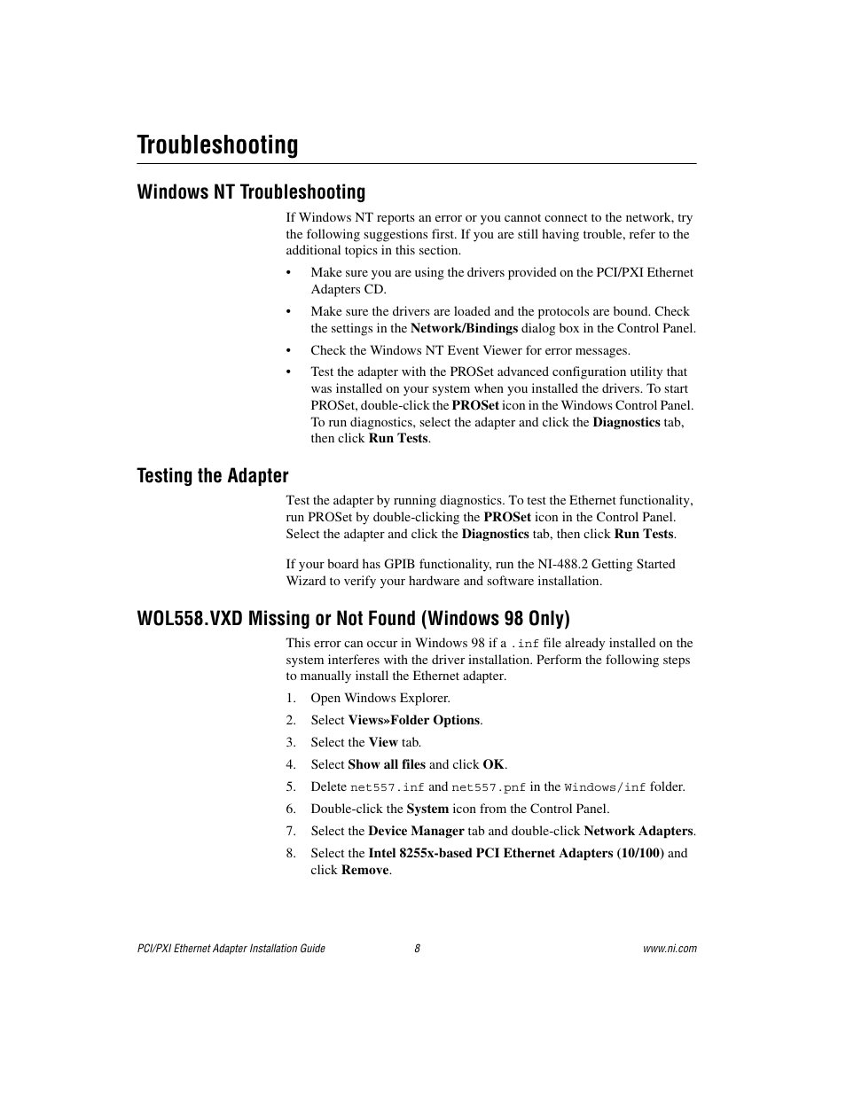 Troubleshooting, Windows nt troubleshooting, Testing the adapter | Wol558.vxd missing or not found (windows 98 only) | National Instruments NI-488TM User Manual | Page 8 / 12