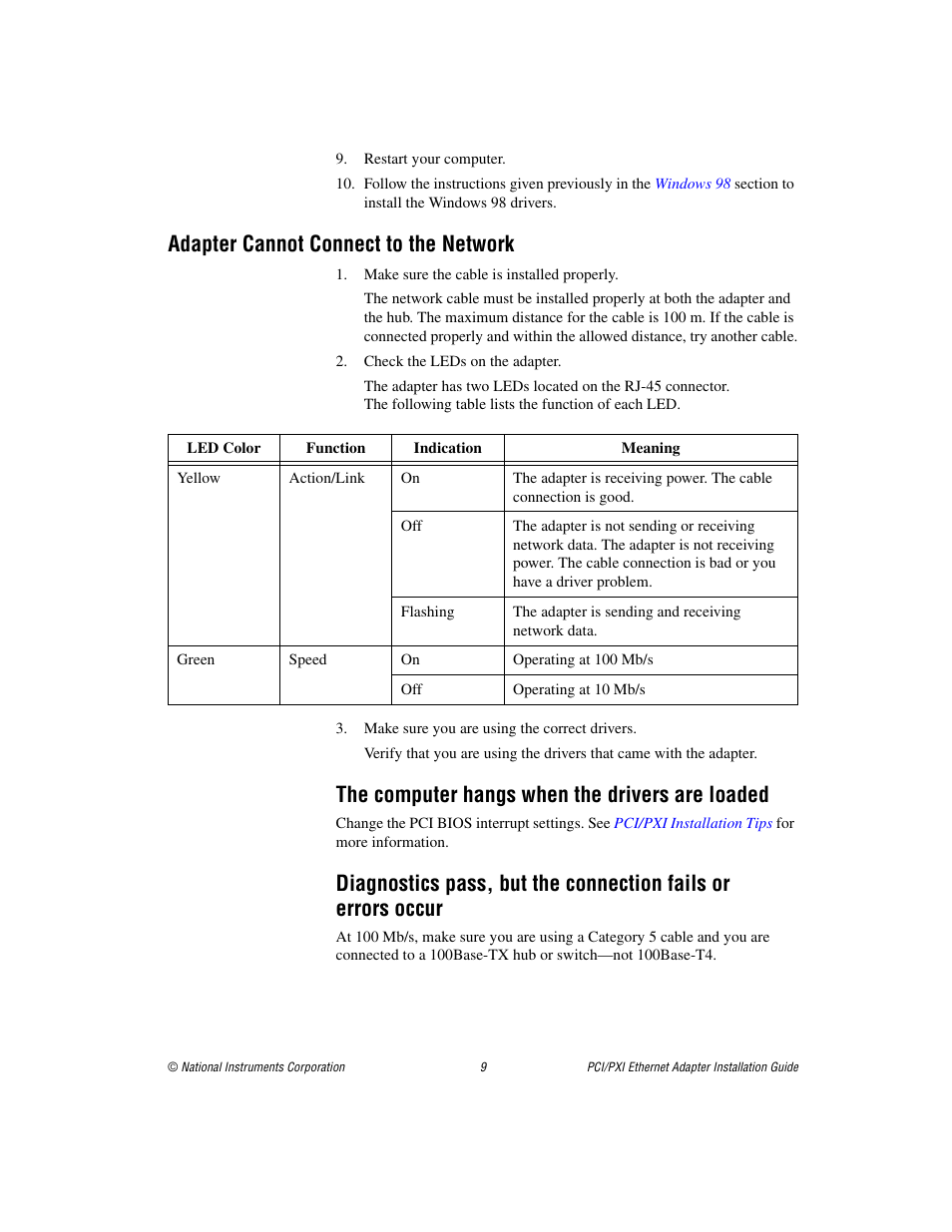 Adapter cannot connect to the network, The computer hangs when the drivers are loaded | National Instruments NI-488TM User Manual | Page 9 / 12