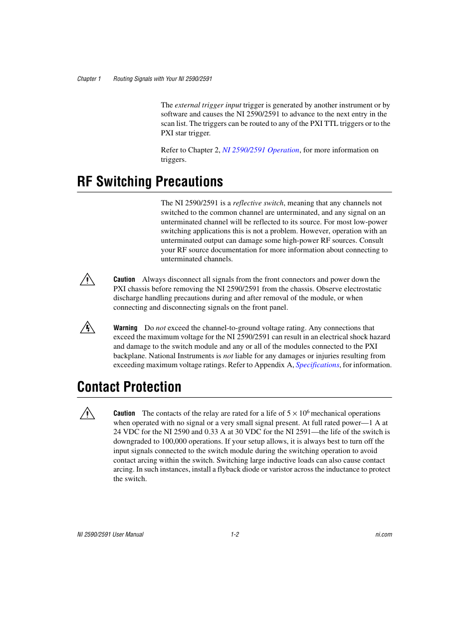 Rf switching precautions, Contact protection, Rf switching precautions -2 contact protection -2 | National Instruments NI 2590/2591 User Manual | Page 10 / 44