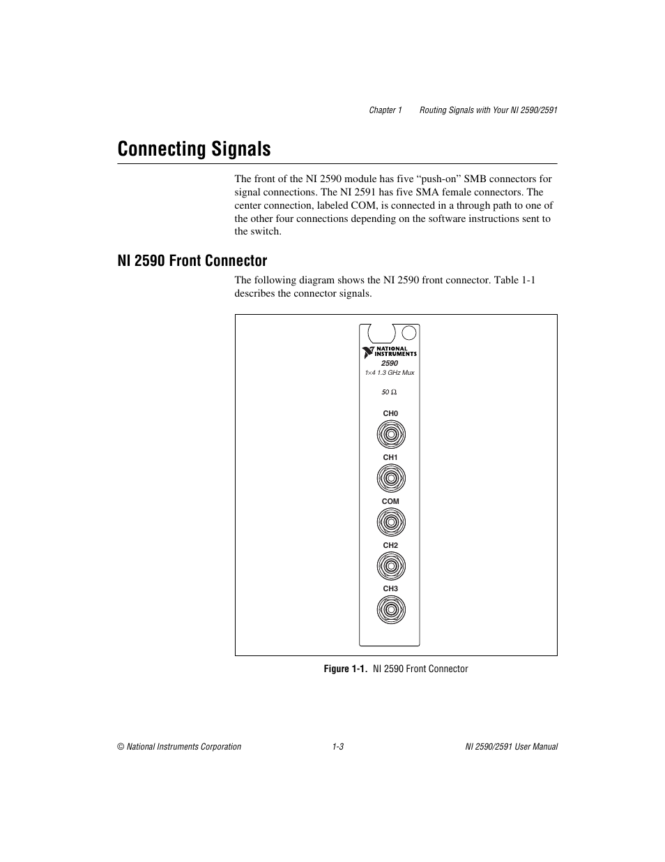Connecting signals, Ni 2590 front connector, Figure 1-1. ni 2590 front connector | Connecting signals -3, Ni 2590 front connector -3 | National Instruments NI 2590/2591 User Manual | Page 11 / 44