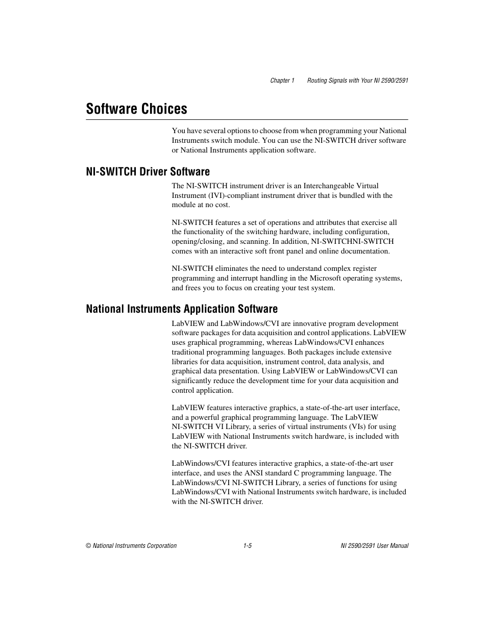 Software choices, Niswitch driver software, National instruments application software | Software choices -5, Ni-switch driver software | National Instruments NI 2590/2591 User Manual | Page 13 / 44