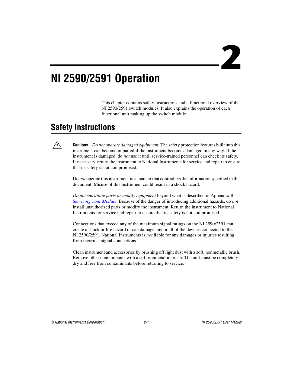 Chapter 2 ni 2590/2591 operation, Safety instructions, Safety instructions -1 | Ni 2590/2591 operation | National Instruments NI 2590/2591 User Manual | Page 15 / 44