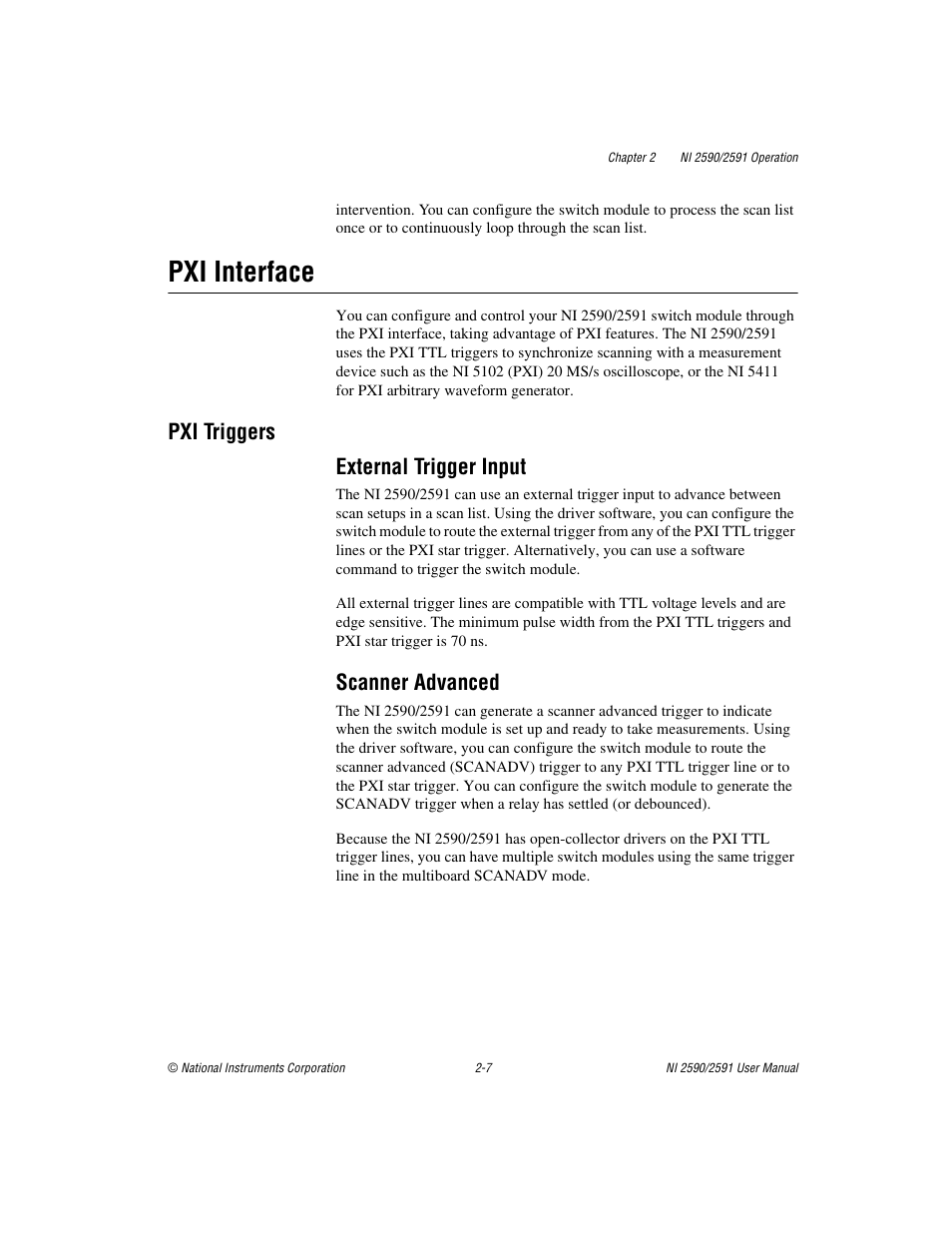 Pxi interface, Pxi triggers, External trigger input | Scanner advanced, Pxi interface -7, Pxi triggers -7, External trigger input -7 scanner advanced -7, Pxi triggers external trigger input | National Instruments NI 2590/2591 User Manual | Page 21 / 44