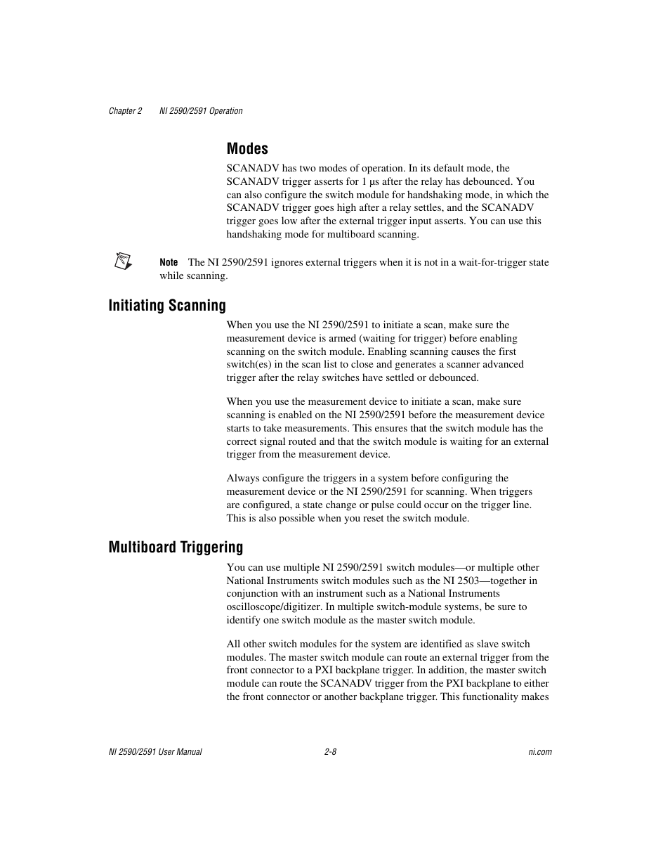 Modes, Initiating scanning, Multiboard triggering | Modes -8, Initiating scanning -8 multiboard triggering -8 | National Instruments NI 2590/2591 User Manual | Page 22 / 44
