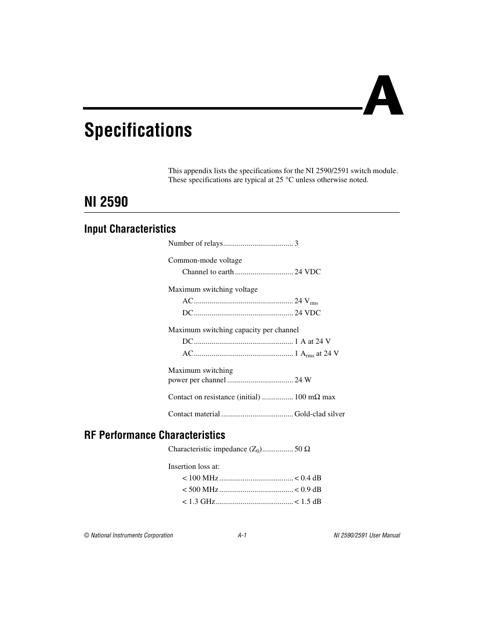 Appendix a specifications, Specifications, Ni 2590 | National Instruments NI 2590/2591 User Manual | Page 24 / 44