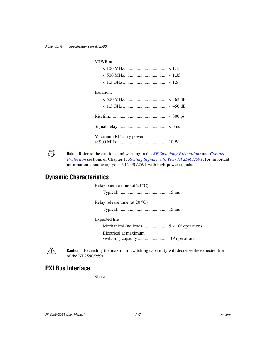 Dynamic characteristics, Pxi bus interface | National Instruments NI 2590/2591 User Manual | Page 25 / 44