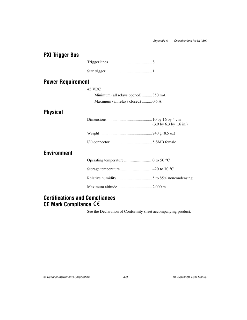 Pxi trigger bus, Power requirement, Physical | Environment, Certifications and compliances ce mark compliance | National Instruments NI 2590/2591 User Manual | Page 26 / 44
