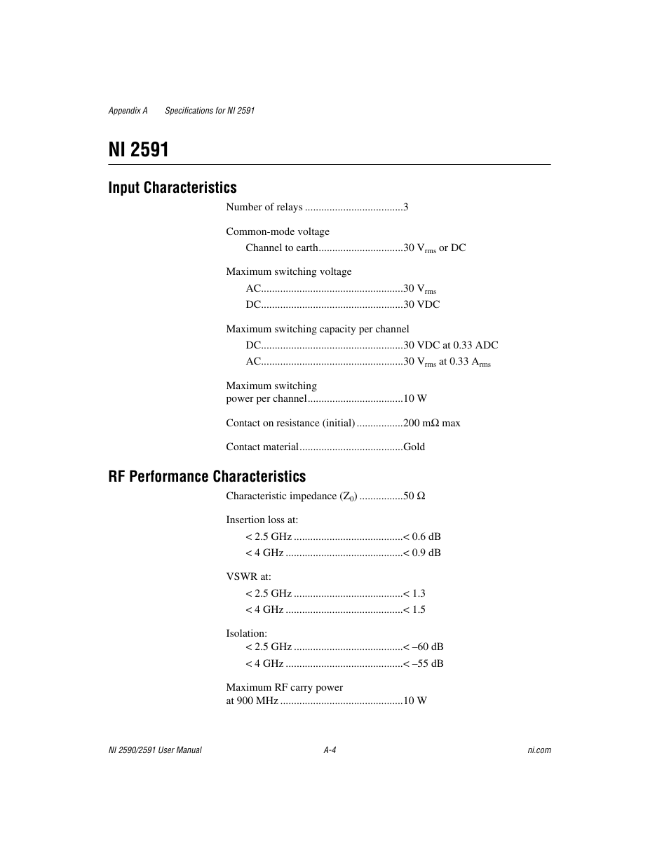 Ni 2591, Input characteristics, Rf performance characteristics | National Instruments NI 2590/2591 User Manual | Page 27 / 44