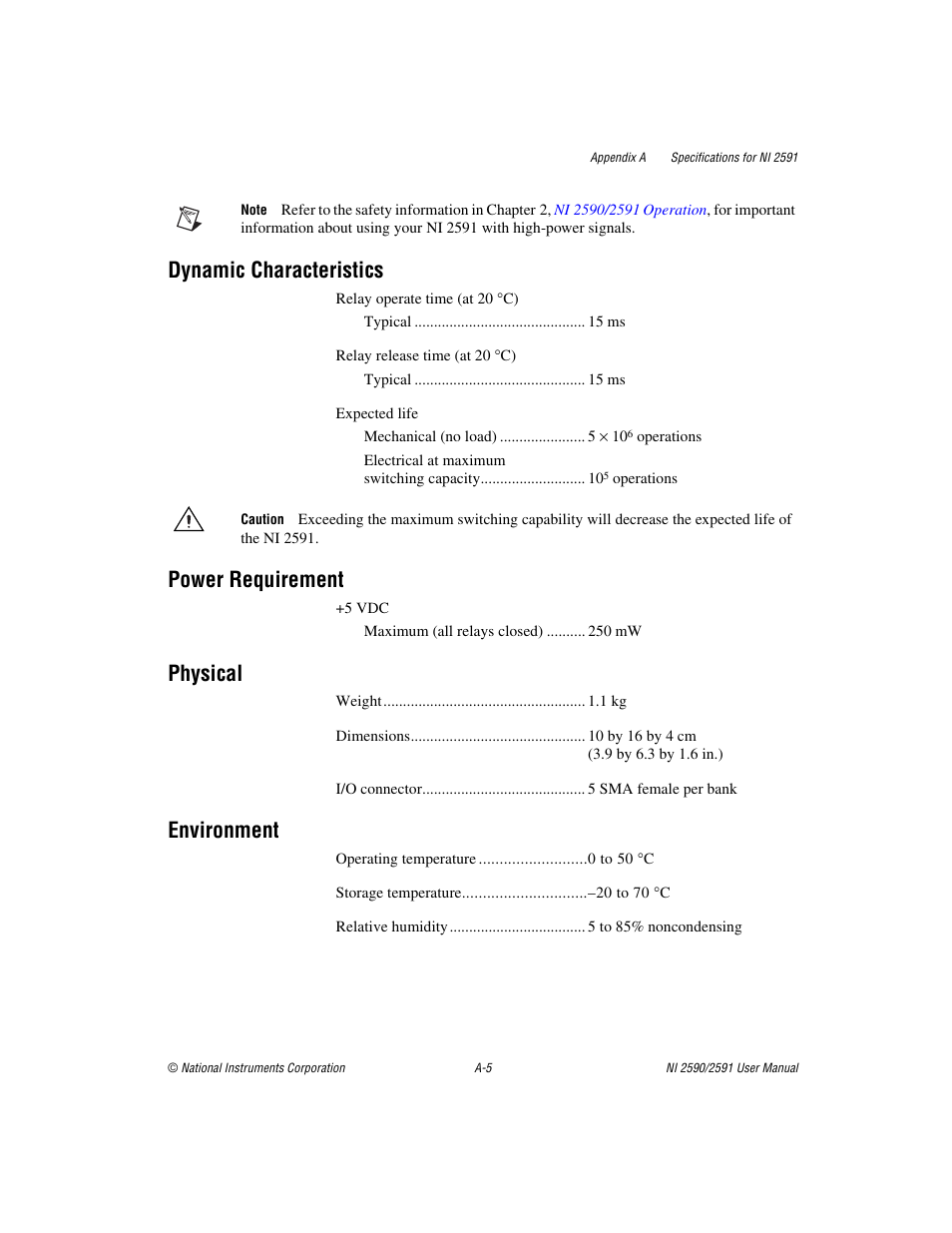Dynamic characteristics, Power requirement, Physical | Environment | National Instruments NI 2590/2591 User Manual | Page 28 / 44