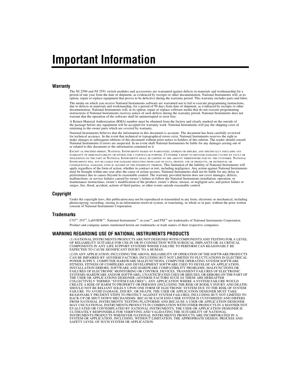 Important information, Warranty, Copyright | Trademarks | National Instruments NI 2590/2591 User Manual | Page 3 / 44