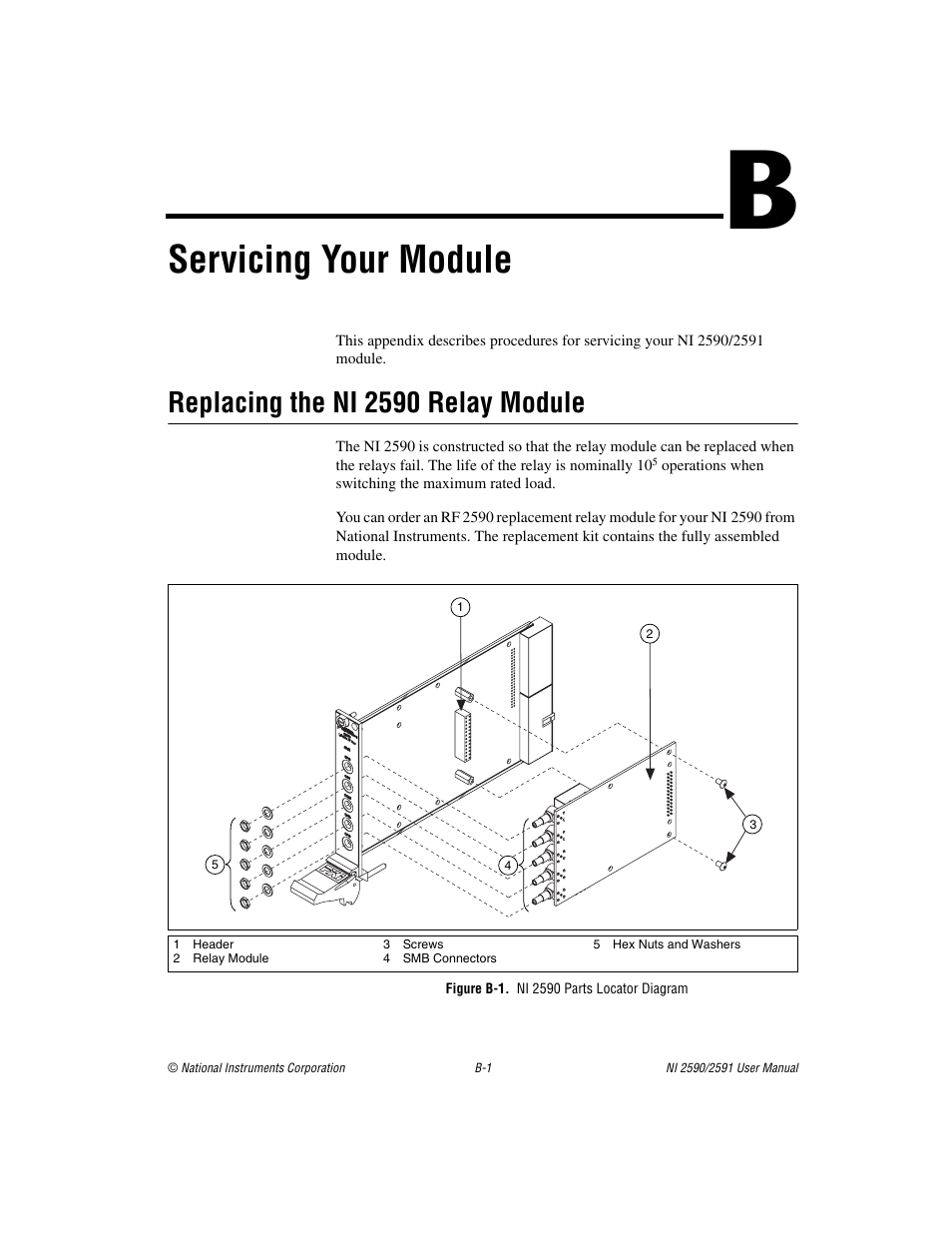 Appendix b servicing your module, Figure b-1. ni 2590 parts locator diagram, Servicing your module | Replacing the ni 2590 relay module | National Instruments NI 2590/2591 User Manual | Page 30 / 44