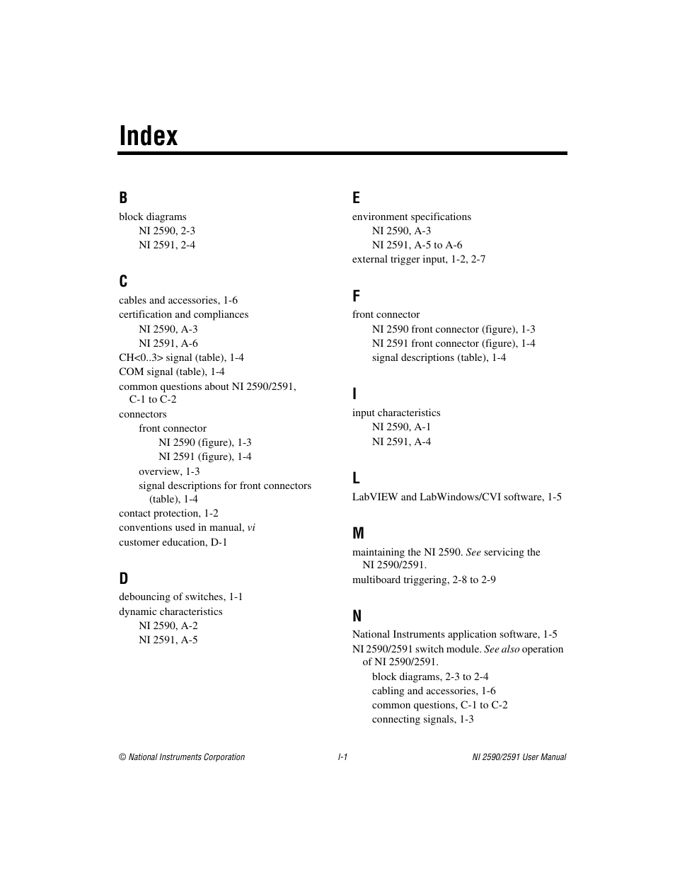Index | National Instruments NI 2590/2591 User Manual | Page 42 / 44