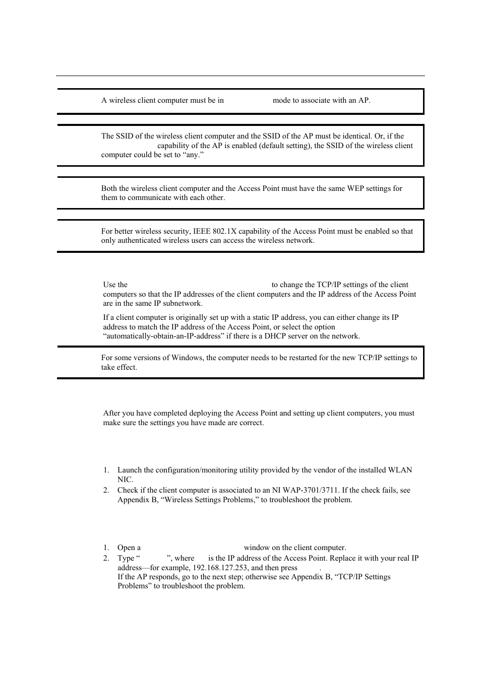 Configuring tcp/ip-related settings, Checking if the ieee 802.11g-related settings work, Checking if the tcp/ip-related settings work | Configuring tcp/ip-related settings -6, Checking if the tcp/ip-related settings work -6 | National Instruments NI WAP-3711 User Manual | Page 13 / 47