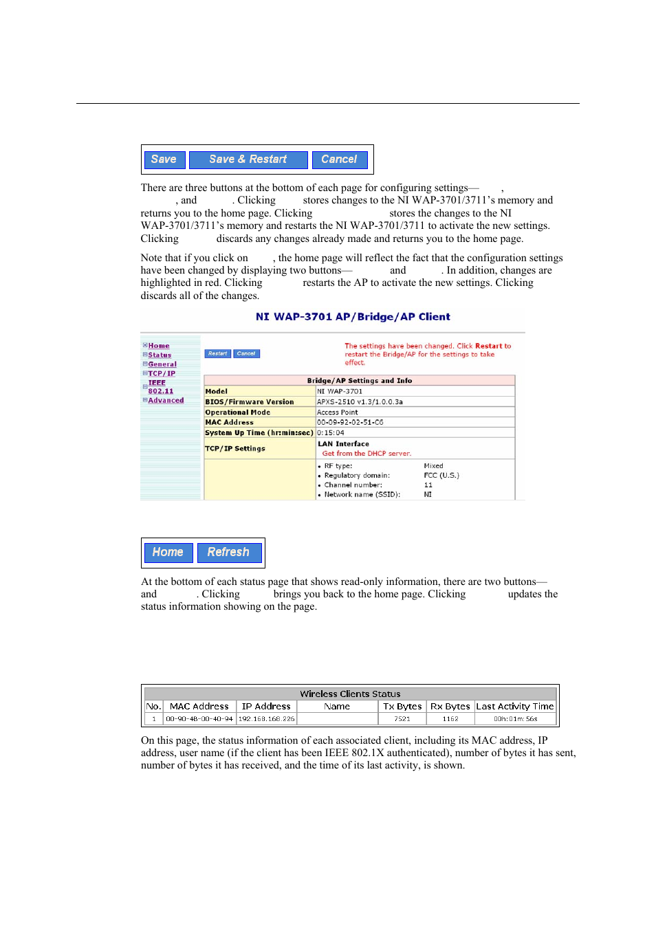 Save, save & restart, and cancel buttons, Home and refresh buttons, Viewing status | Associated wireless clients, Save, save & restart, and cancel buttons -3, Home and refresh buttons -3, Associated wireless clients -3 | National Instruments NI WAP-3711 User Manual | Page 17 / 47