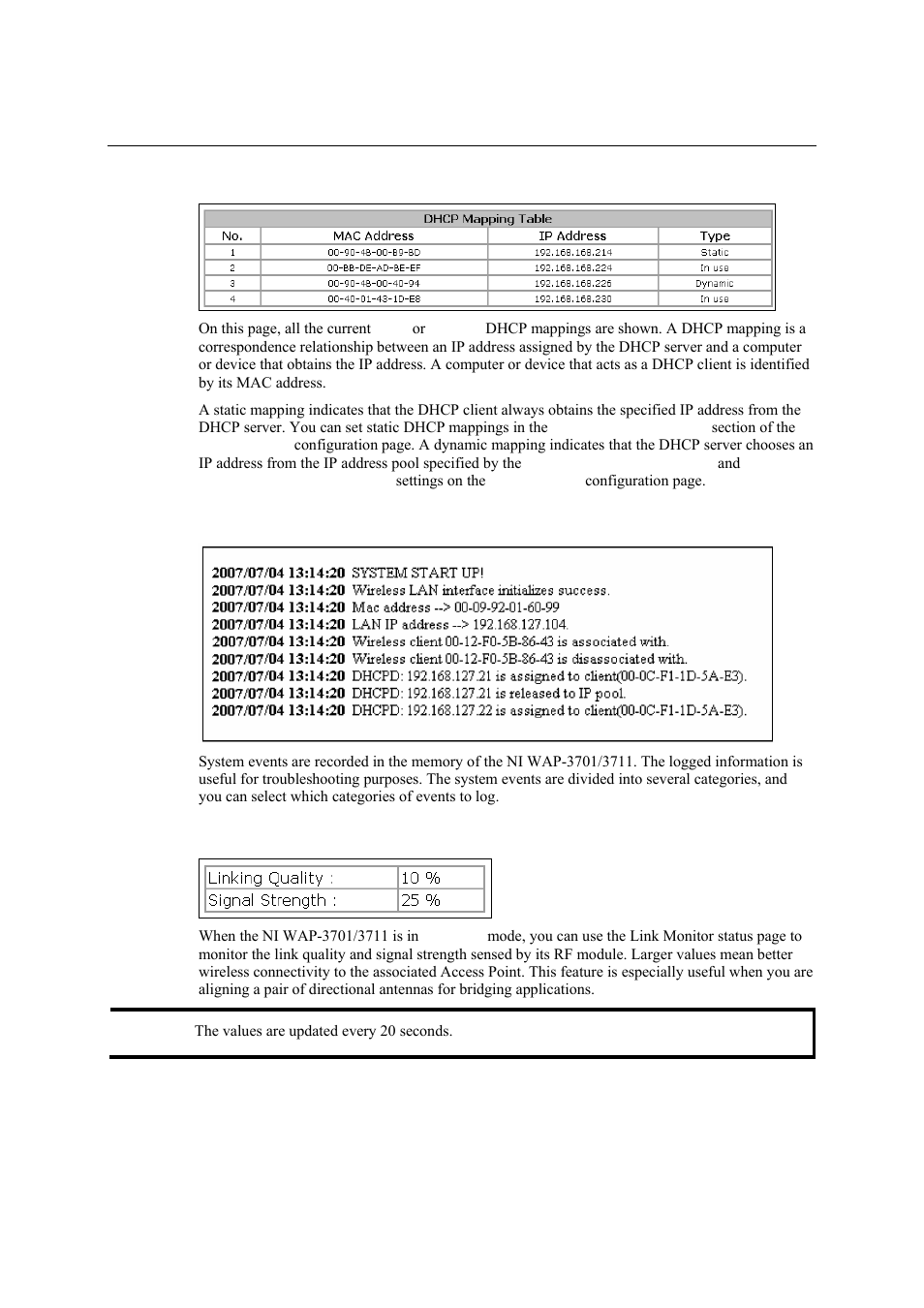 Current dhcp mappings, System log, Link monitor (ap client mode only) | Current dhcp mappings -4, System log -4, Link monitor (ap client mode only) -4 | National Instruments NI WAP-3711 User Manual | Page 18 / 47