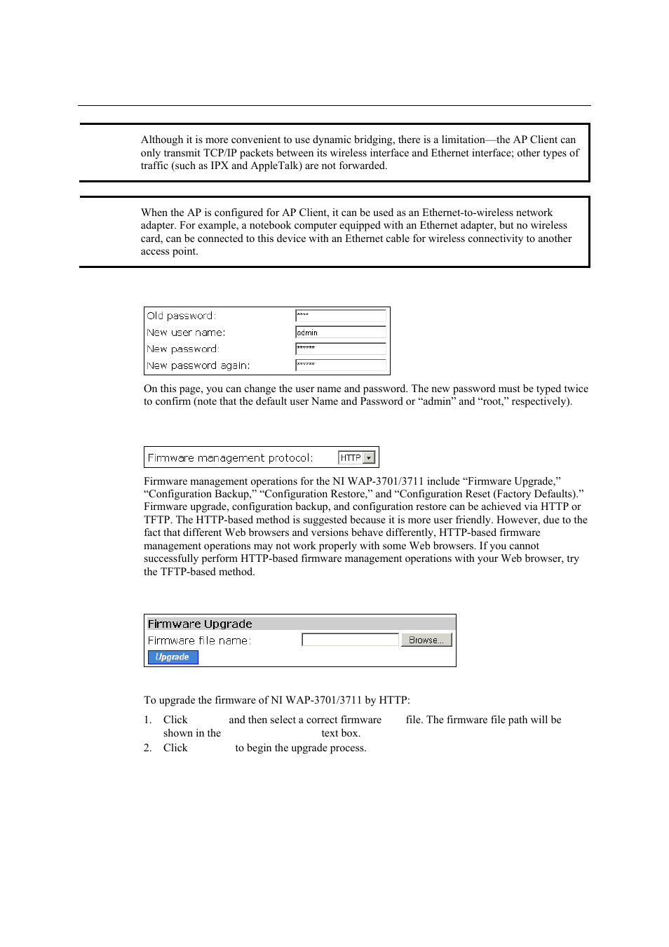Administrative password, Managing the firmware, Administrative password -6 | Managing the firmware -6 | National Instruments NI WAP-3711 User Manual | Page 20 / 47
