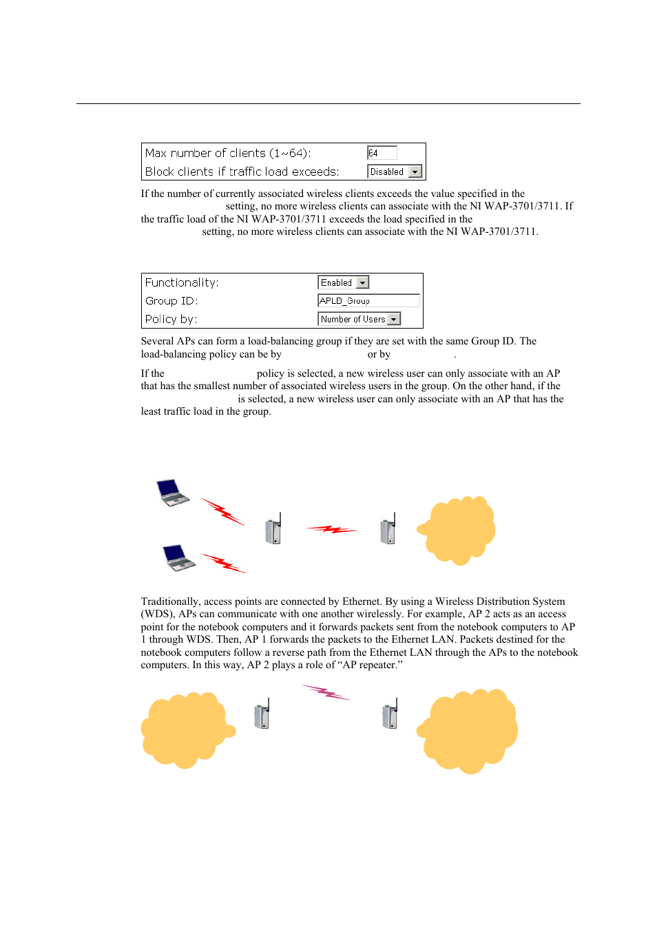 Association control, Ap load balancing, Wireless distribution system | National Instruments NI WAP-3711 User Manual | Page 27 / 47