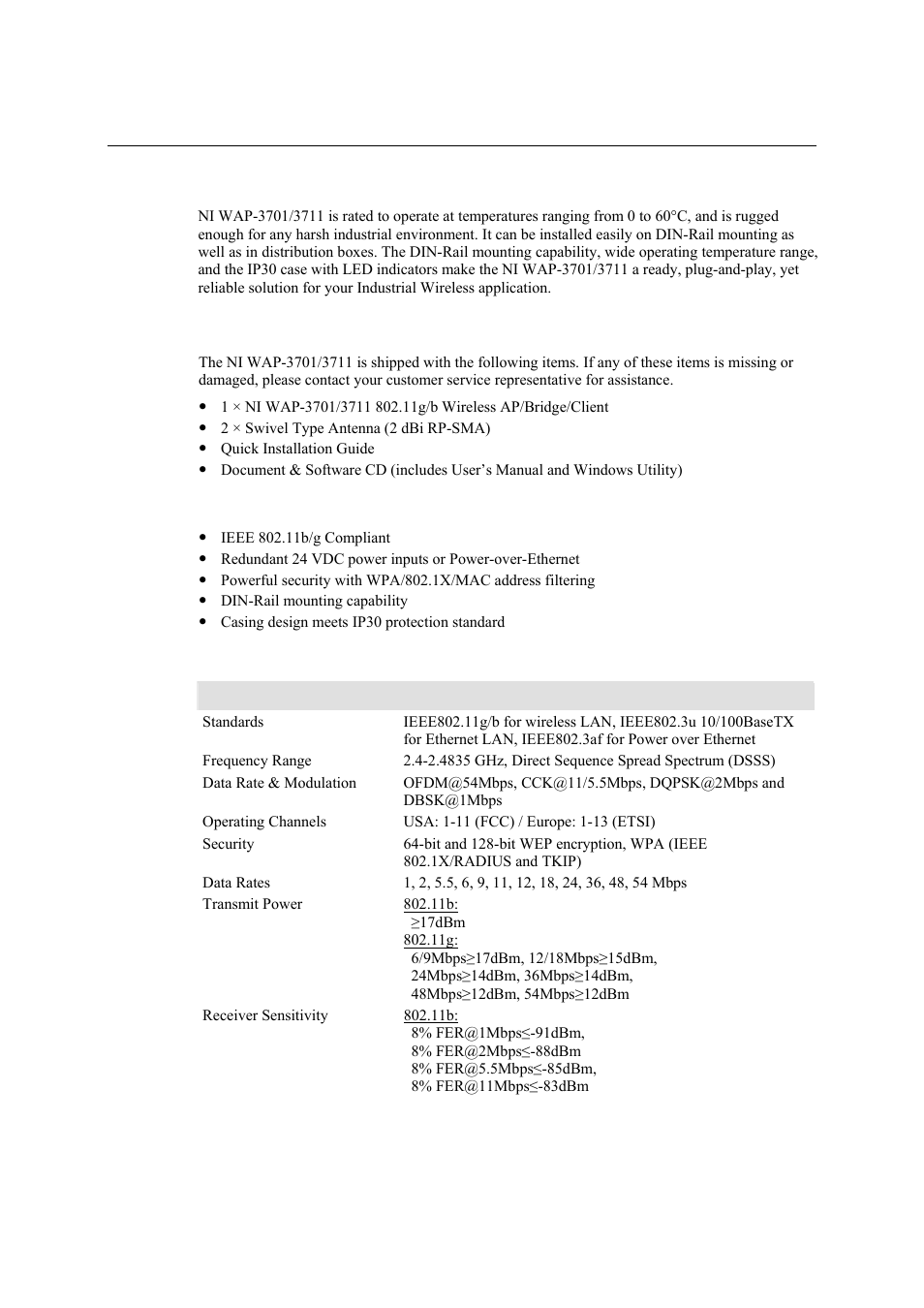 Overview, Package checklist, Product features | Product specifications | National Instruments NI WAP-3711 User Manual | Page 6 / 47