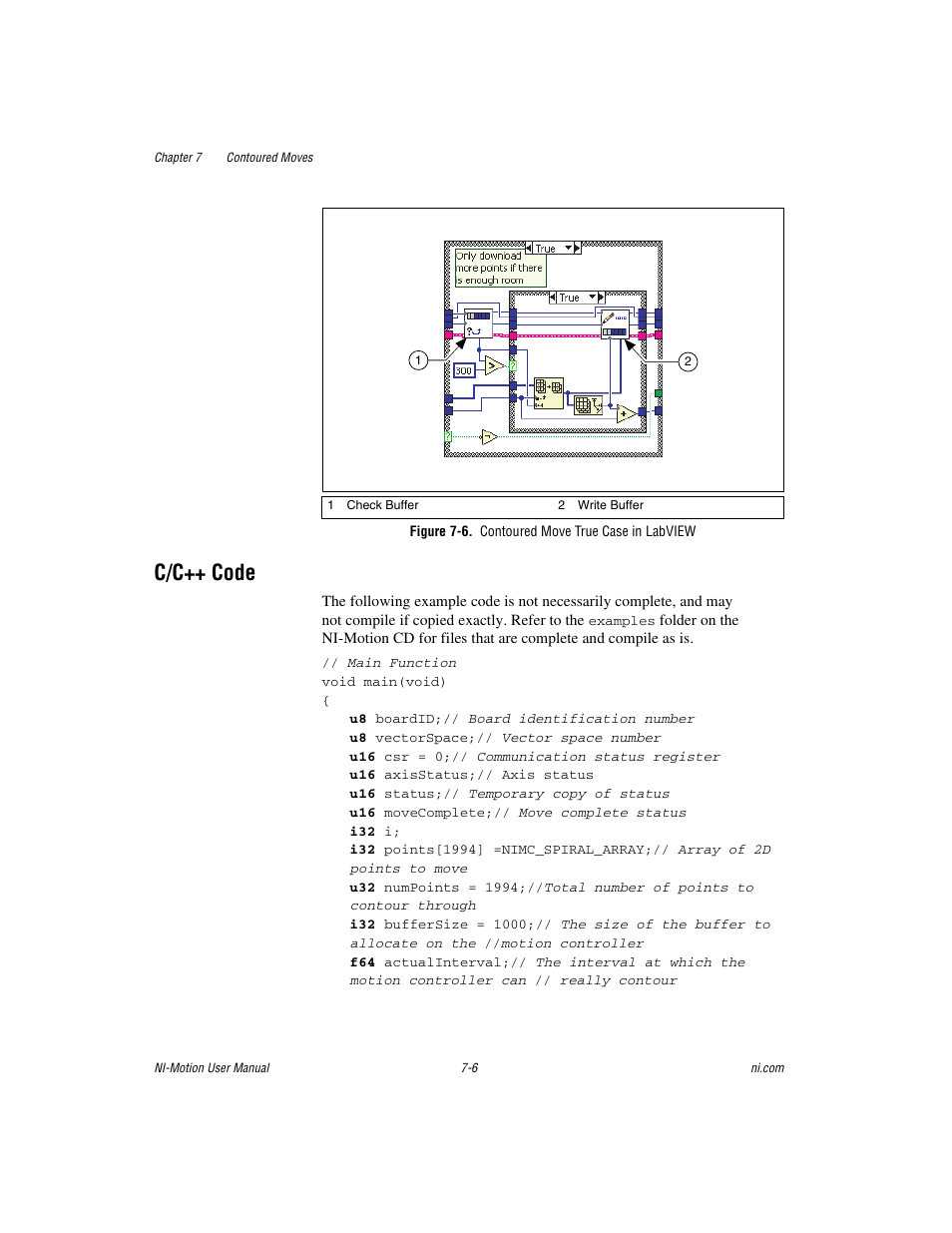 Figure 7-6. contoured move true case in labview, C/c++ code, C/c++ code -6 | National Instruments NI-Motion User Manual | Page 102 / 305