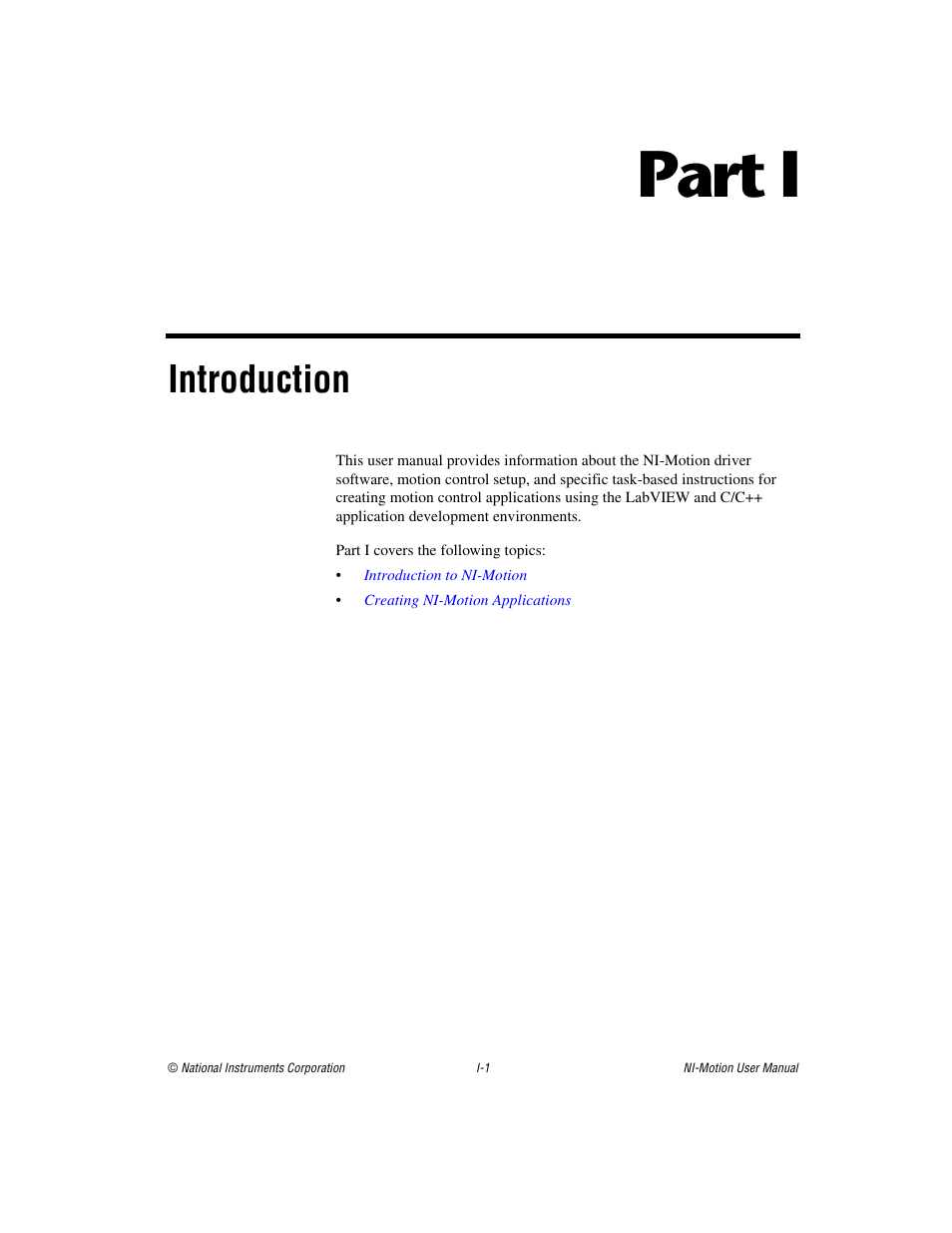 Part i introduction, Introduction, Part i | National Instruments NI-Motion User Manual | Page 14 / 305