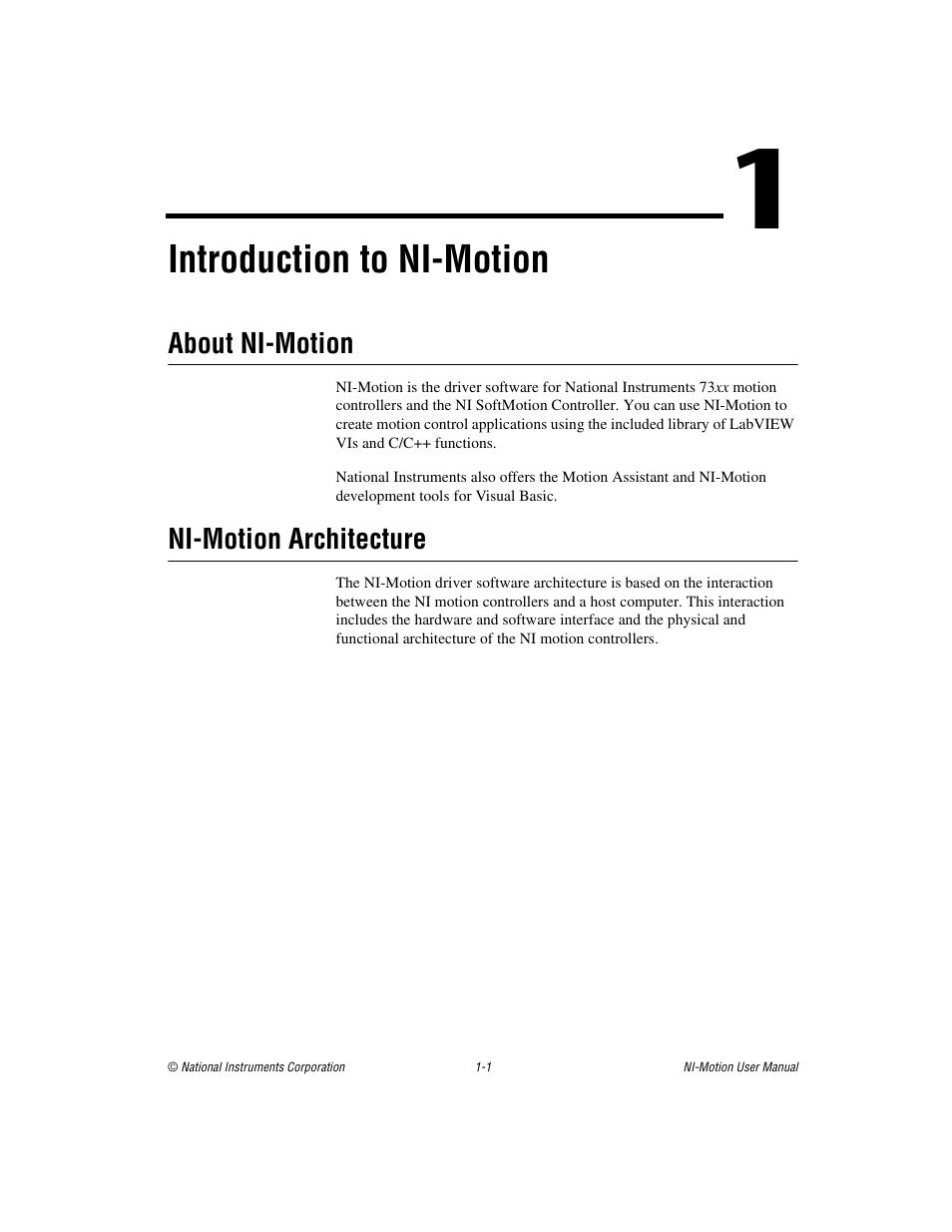 Chapter 1 introduction to ni-motion, About ni-motion, Ni-motion architecture | About ni-motion -1 ni-motion architecture -1, Introduction to ni-motion | National Instruments NI-Motion User Manual | Page 15 / 305