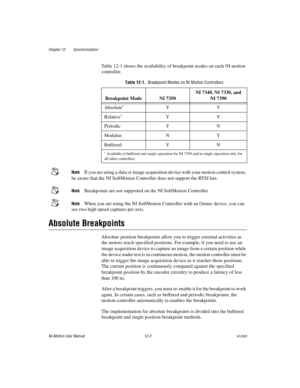 Absolute breakpoints, Absolute breakpoints -2, Absolute | Breakpoints | National Instruments NI-Motion User Manual | Page 152 / 305