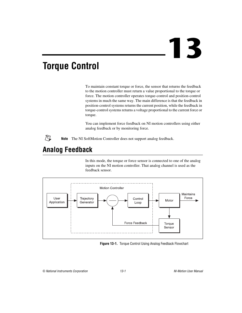 Chapter 13 torque control, Analog feedback, Analog feedback -1 | Torque control | National Instruments NI-Motion User Manual | Page 191 / 305